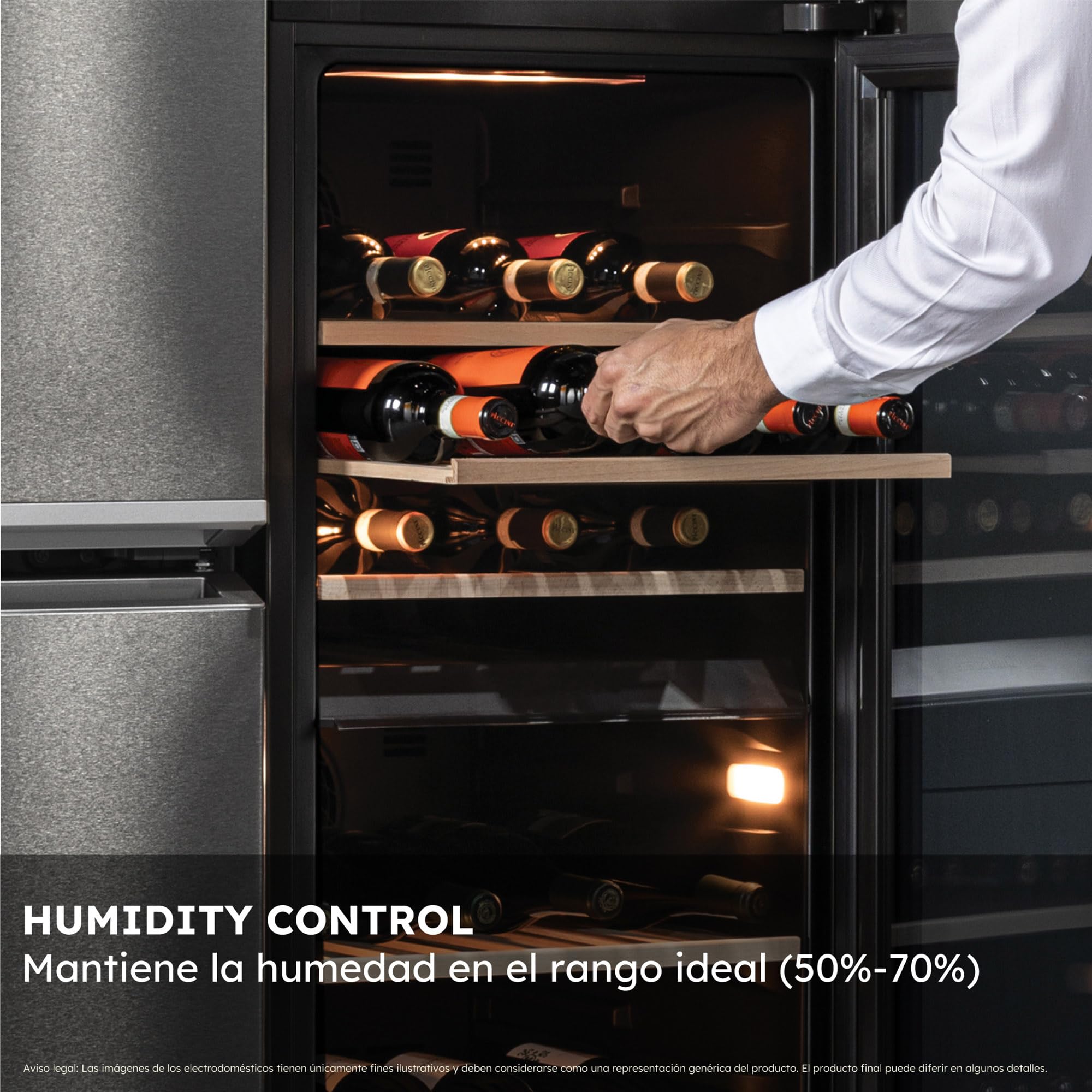 Haier Wine Bank 50 Series 7 HWS77GDAU1 Vinoteca de 77 botellas, WIFI, 2 Zonas, Estantes de madera, Filtro Anti-UV, Filtro de carbón, Refrigeración por Compresor, Display Digital, LED, 37 dbA, Negra