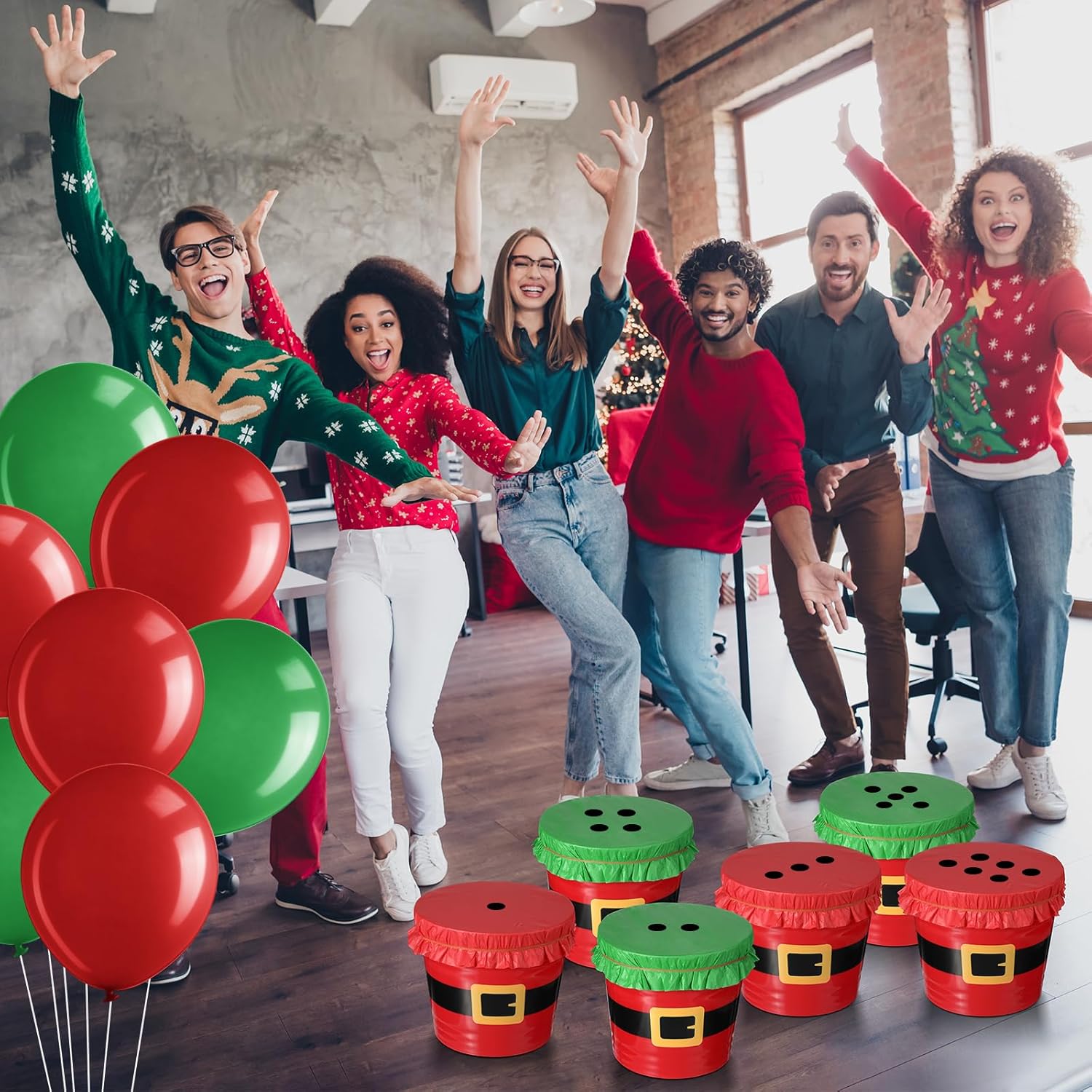 Vinsot 67 Pcs Christmas Exchange Game Gifts Set for Family Party Supplies Santa Belt Plastic Buckets with Large Dice Red Green Balloons and Tissue Papers Wraps for Xmas Holiday Family Night Favors