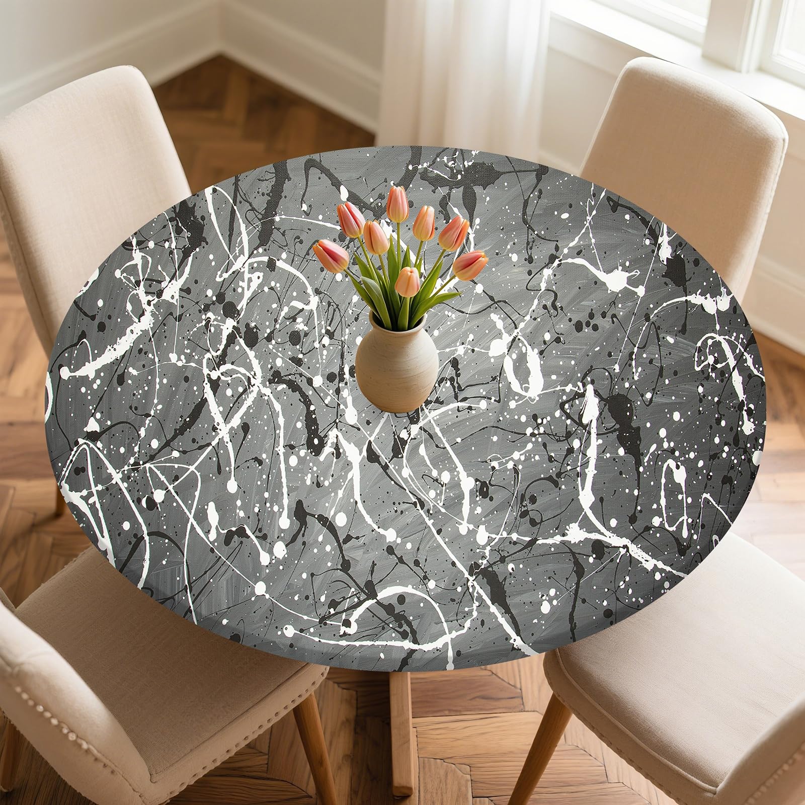 Odot Round Tablecloth Wipe Clean 60-160cm, 3D Black Marble Round Outdoor Table Cover Fitted Elastic Edged Washable Circle Table Cloth Protector Decorative for Kitchen Dining Room (Graffiti,120cm)