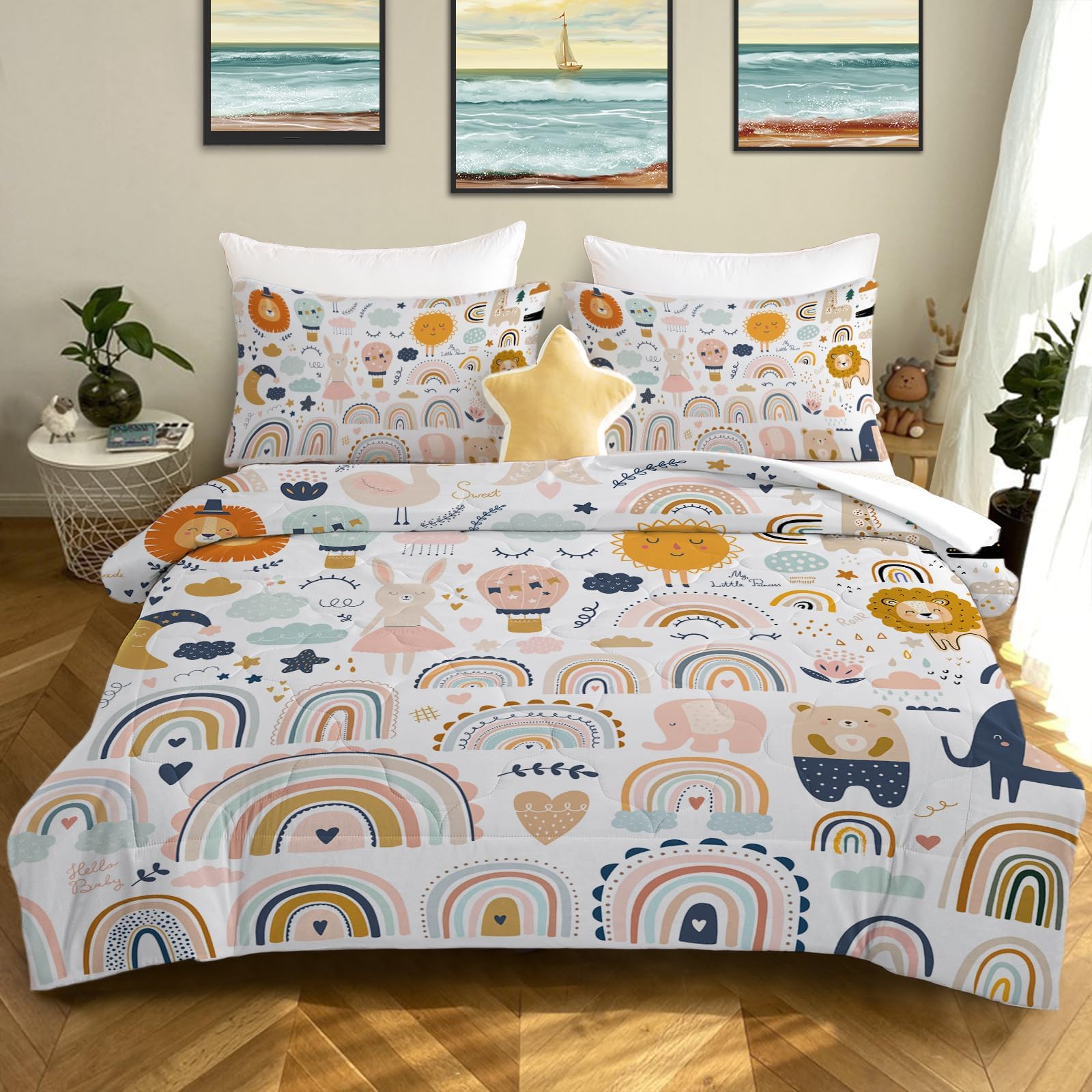 BEDMUST Rainbow Comforter Sets Kids Girls Twin Rainbow Bedding Set Lovely Cartoon Rainbow Animals Comforter Cover for Girls Teens Boys Microfiber Collection Bed Set