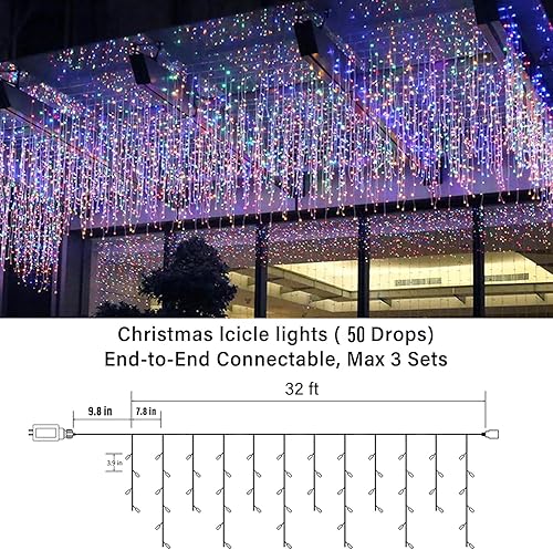 Miniatura 4 de Joomer Luces de carámbano de Navidad, tira de luces enchufables de 32 pies, impermeable, 8 modos de temporizador, conectables, tira de luces al aire