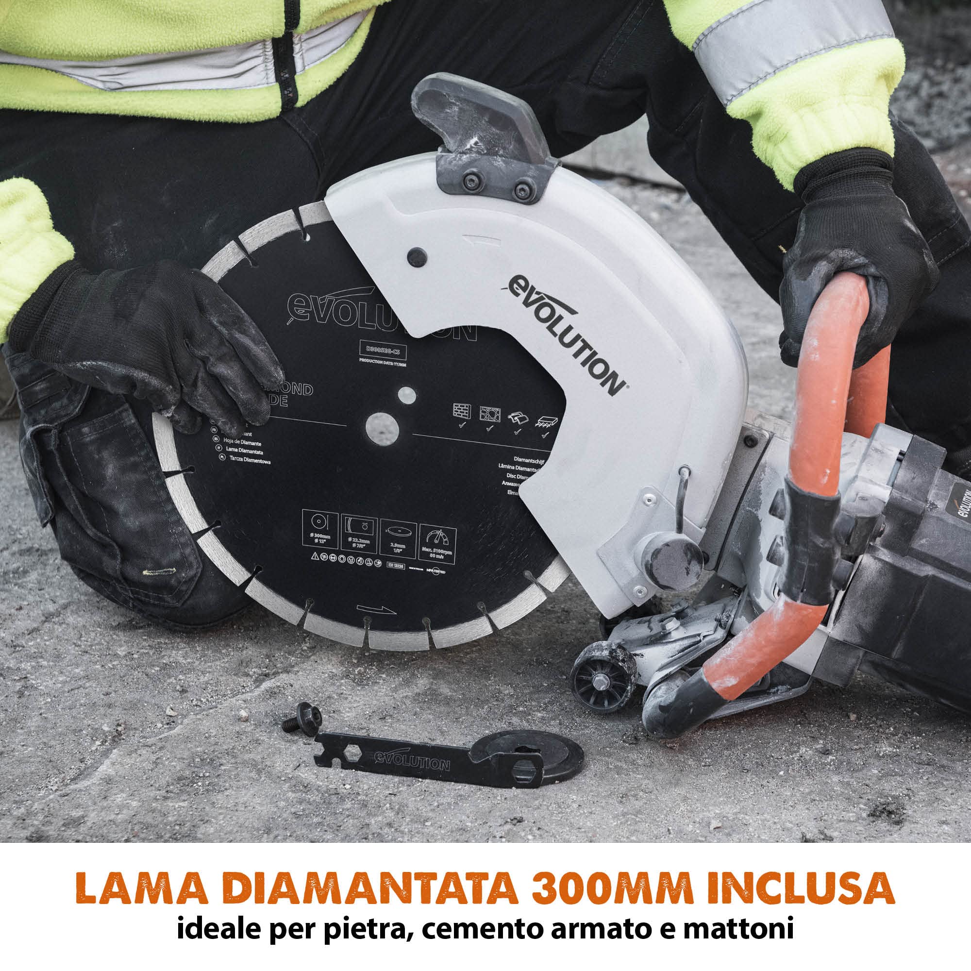 Evolution Power Tools - R300DCT 300 mm Sega da cemento - Motore da 2.400 W, non a benzina, capacità di taglio 115 mm, lama diamantata per muratura inclusa, seghe elettriche