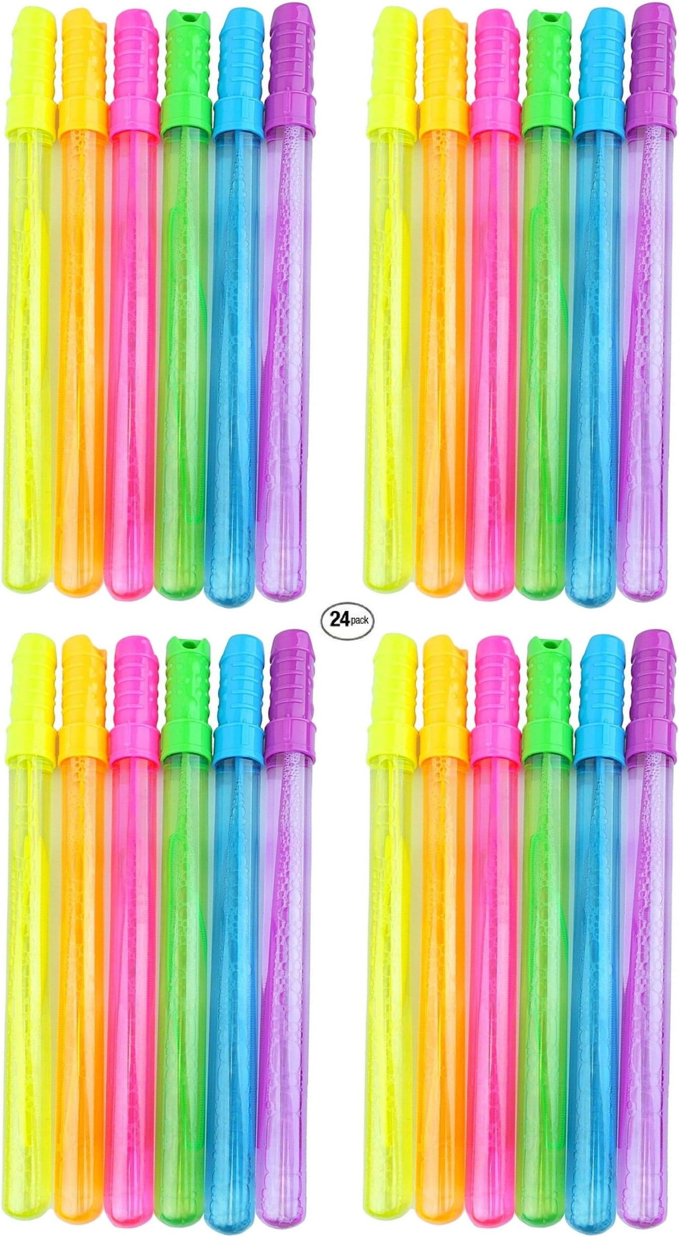 Bubble Wands Party Packs | Assorted Color 4oz Bubble Sticks with Leak-Proof Tops | Summer Fun Activities (24 Pack)
