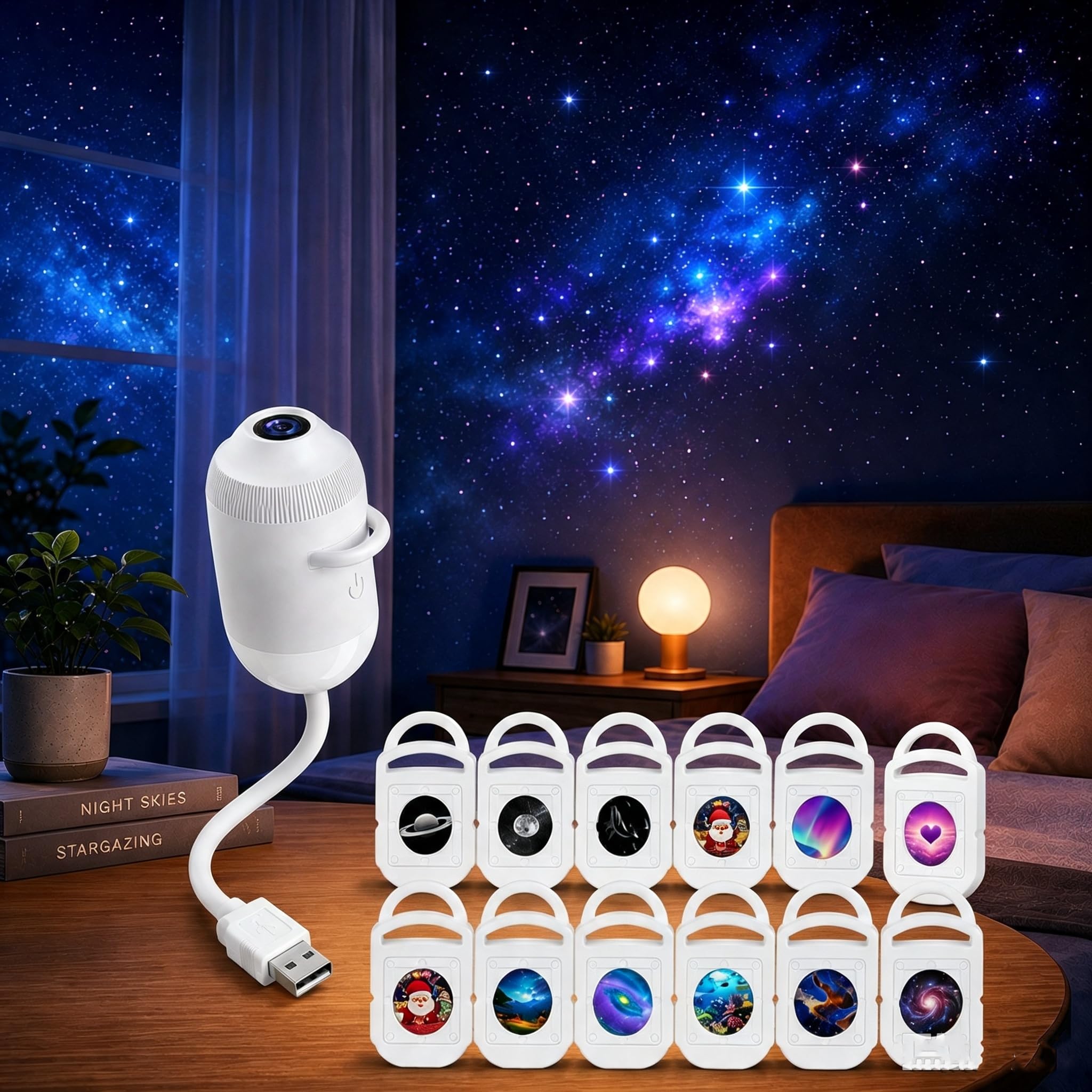 Hd Smart Dynamic 5d Holographic Night Light Projector, Plug and Play Star Projector with 3/6/12/24 Projection Films, 360 Degree USB Galaxy Moon Dream Projector Light for Sleep Mood
