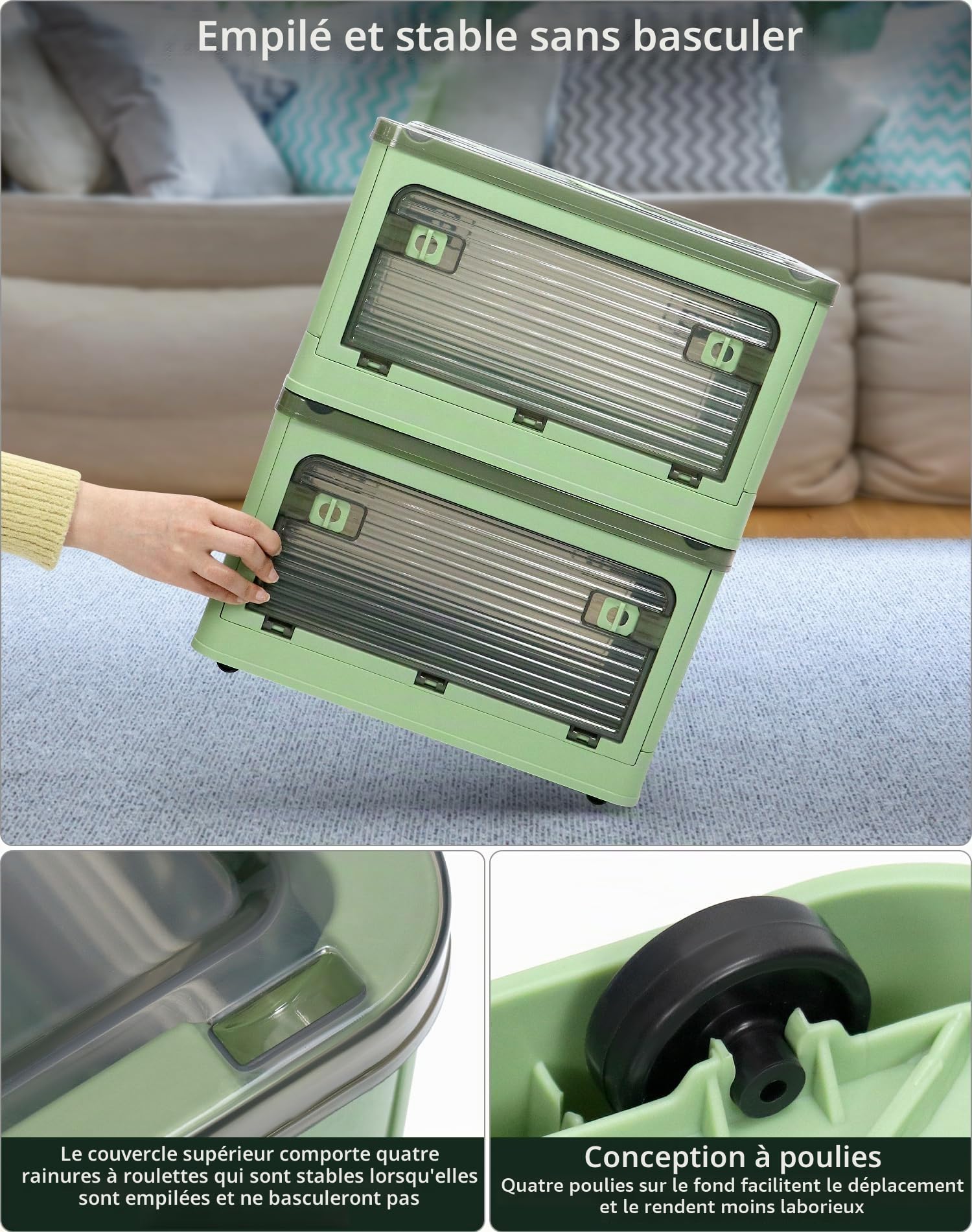 QWORK® 2 Pièces boîtes de rangement pliables avec couvercles, empilables, transparentes, boite de rangement à roulettes, 40.5 * 29 * 24CM