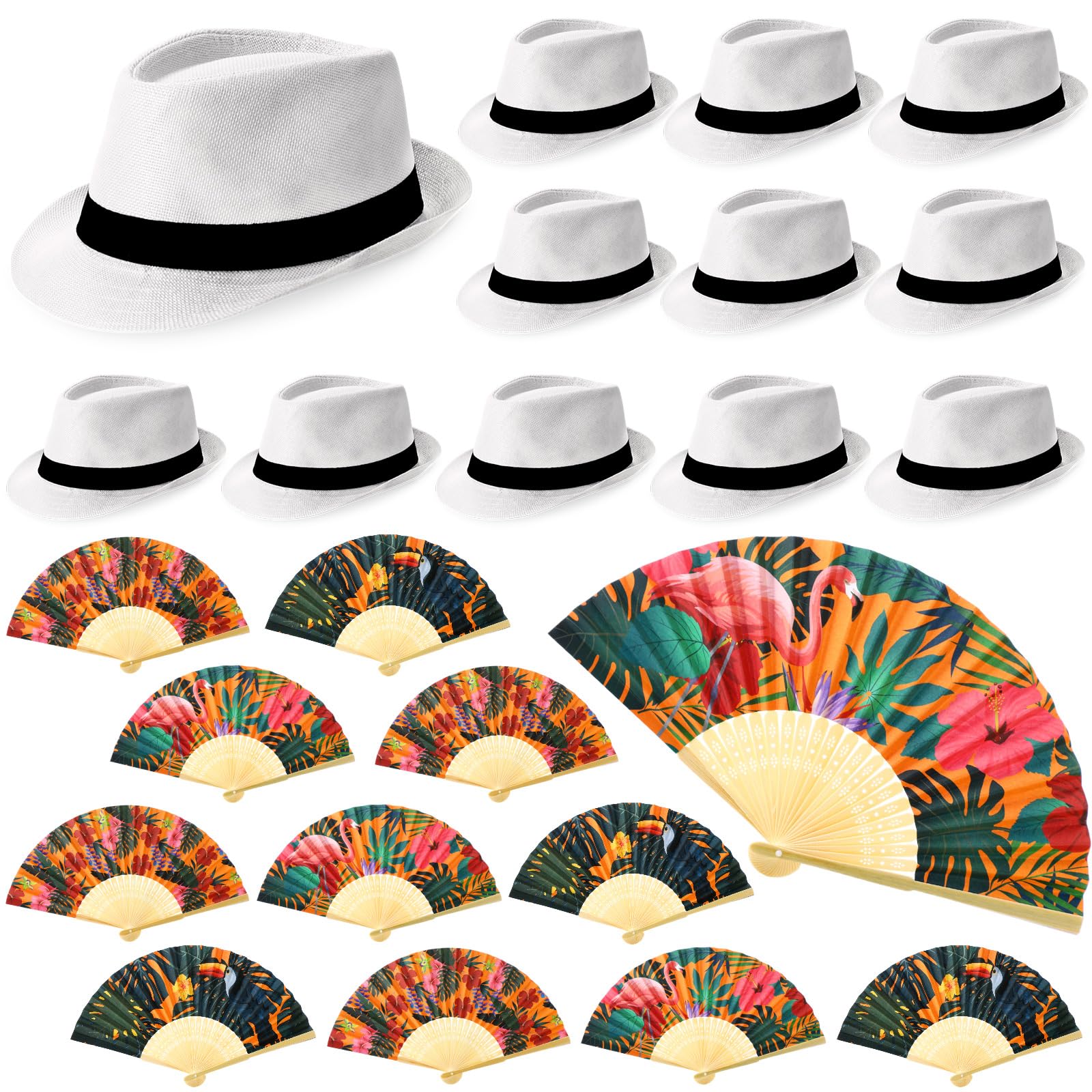 Skicuff 12 Sets Havana Nights Party Decorations 12 Tropical Nights Folding Hand Fans 12 Panama Cuban Hats