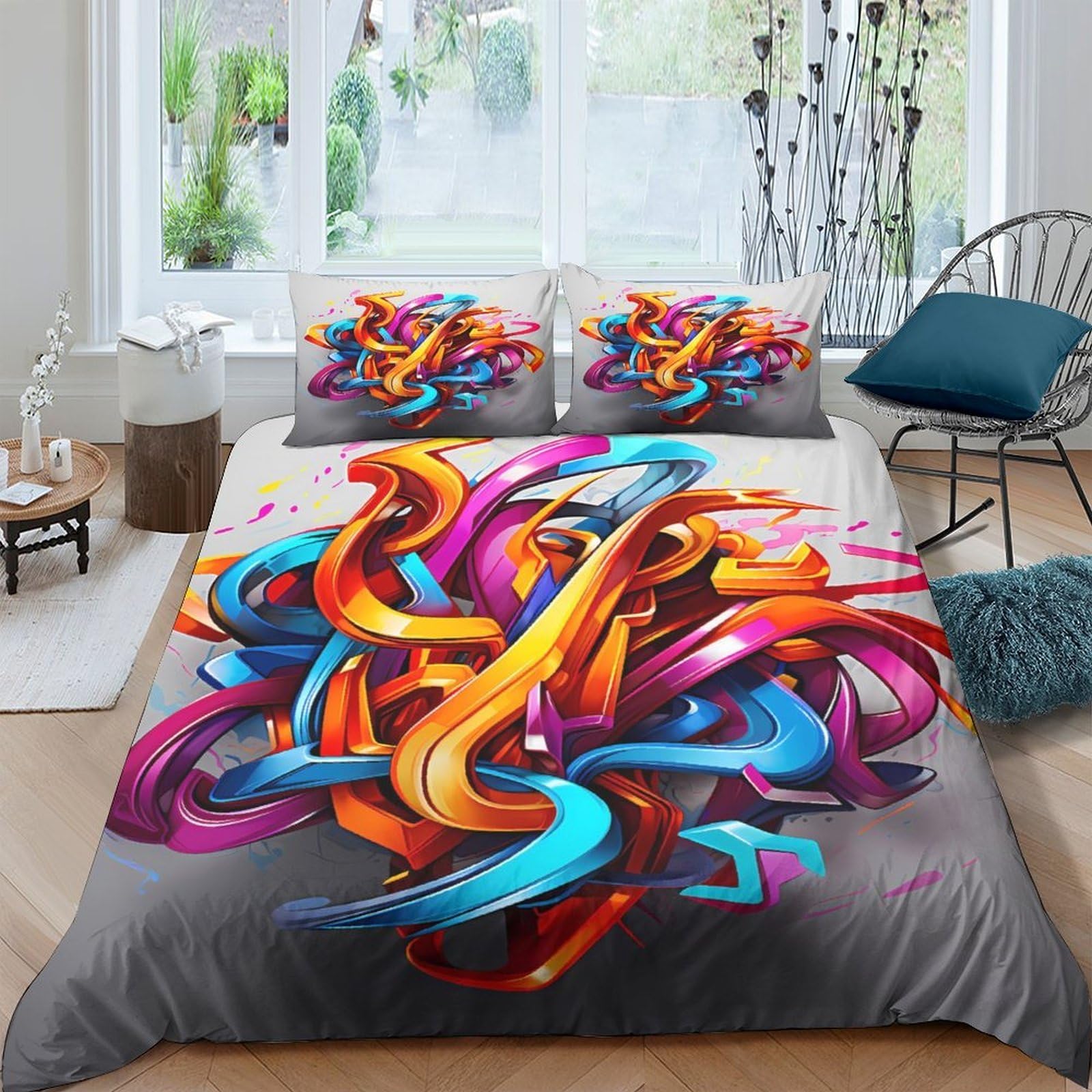 Ctjqhvkz Style-7 3D Printed Graffiti Abstract Fitted Sheet Microfiber Colourful Art Bed Cover For Bedroom Guest Room Easy Care Single（135X200cm）