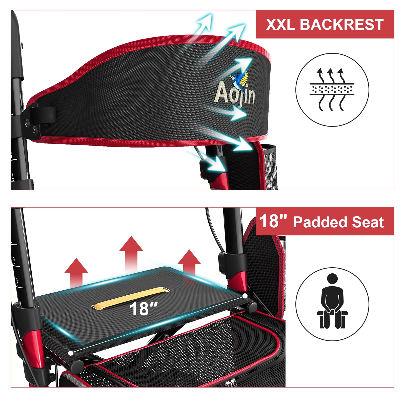 Andador rodante para personas mayores, ligero, plegable, todo terreno con asiento, andadores de aluminio con ruedas de goma de 8 pulgadas, asas y respaldo para personas mayores y adultos (rojo)