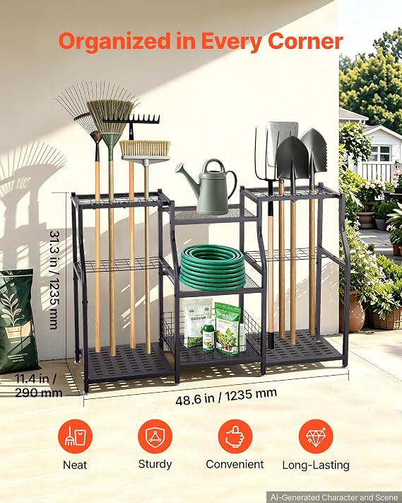 VEVOR Garden Tool Organizer, 3-Tier High-Capacity Metal Garage Storage Rack
