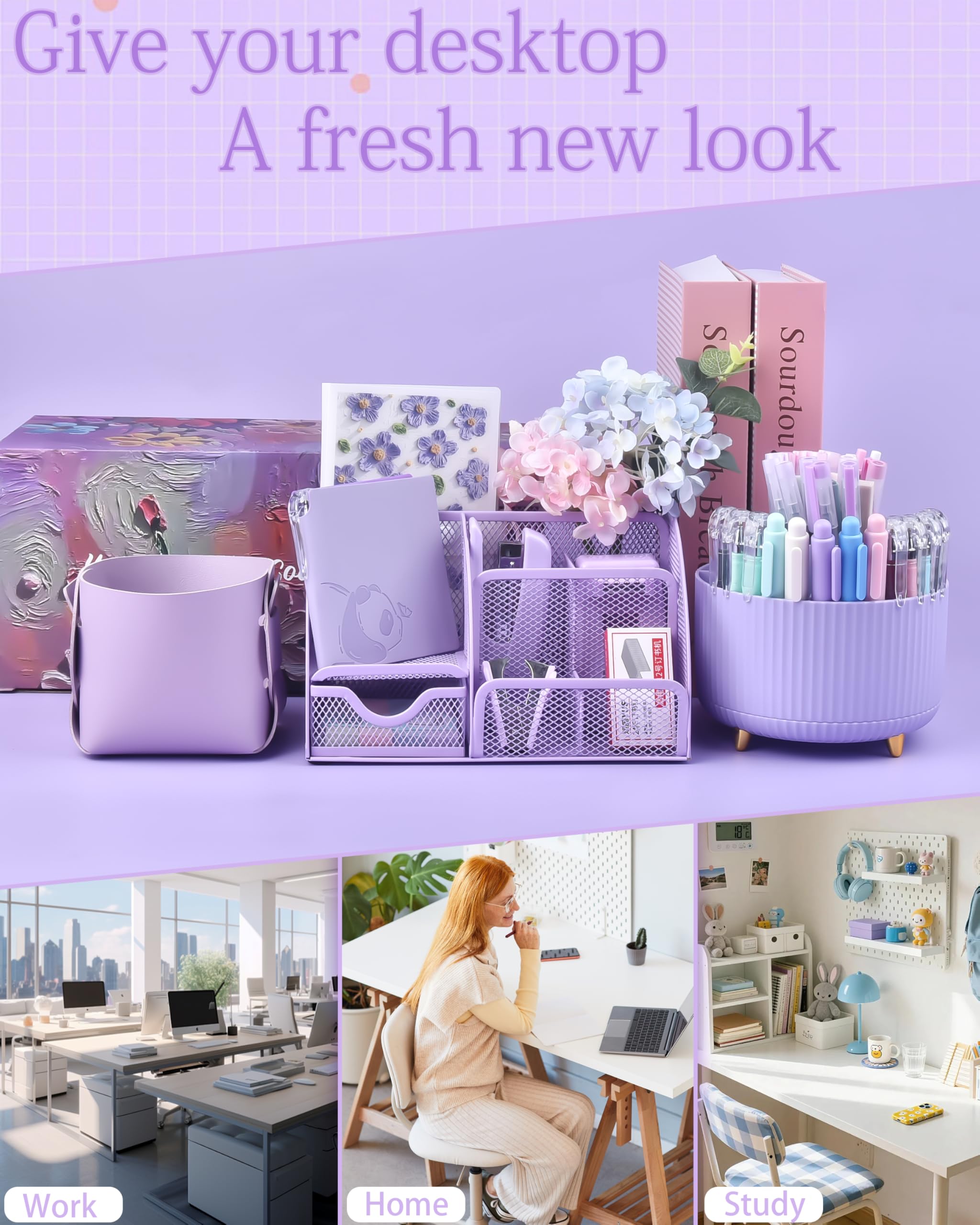 Accessori da scrivania viola e organizer con organizer da scrivania e portapenne girevole a 360° e un sacco di forniture per ufficio viola splendidamente presentato in una confezione regalo