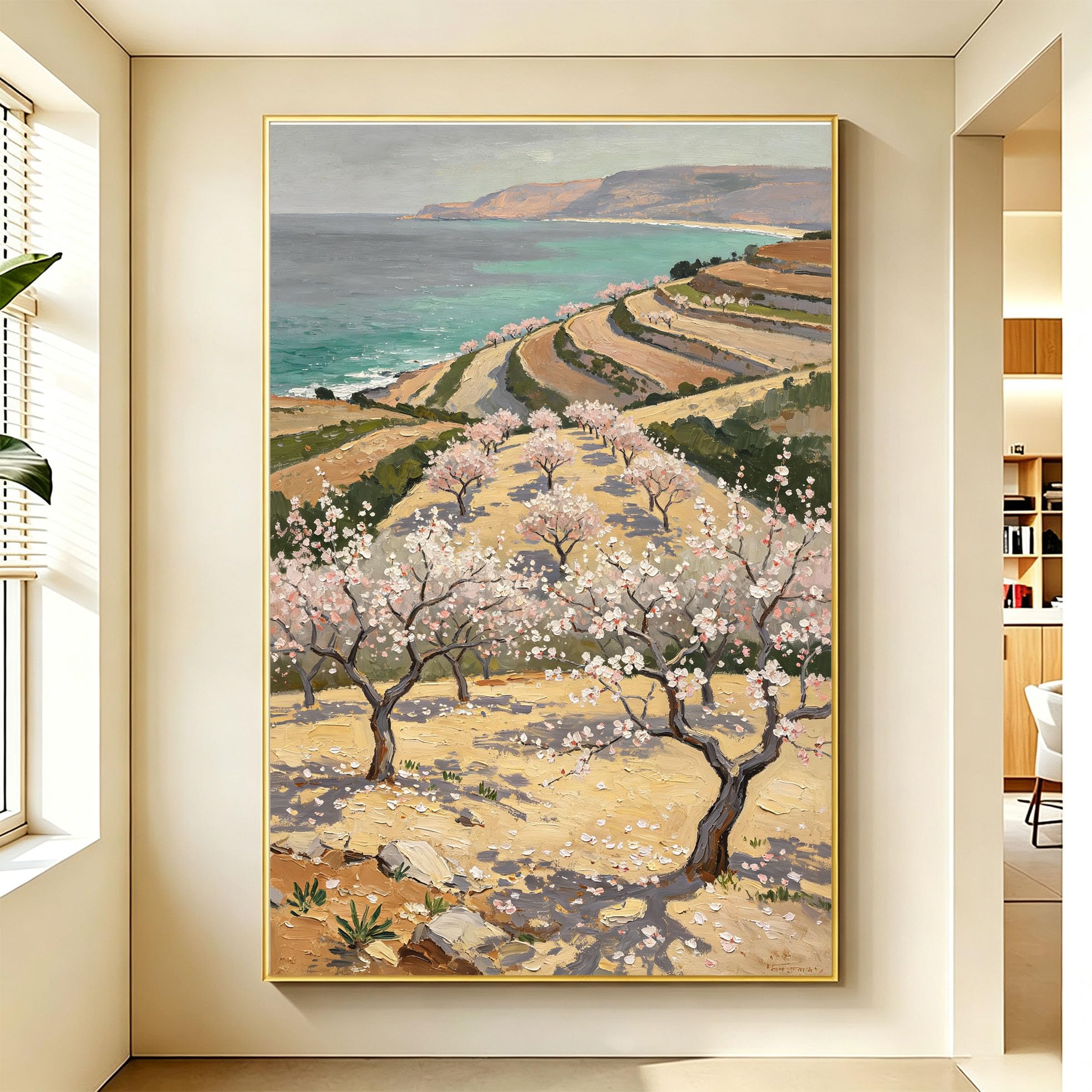 Wandbild Küstenlandschaft Ölgemälde 100% Handgemaltes Ölgemälde Pfirsichblütenwald Rahmenlose Leinwand Wandkunst Für Wohnzimmer Heimdekorationen 50X70Cm (20X28Inch)