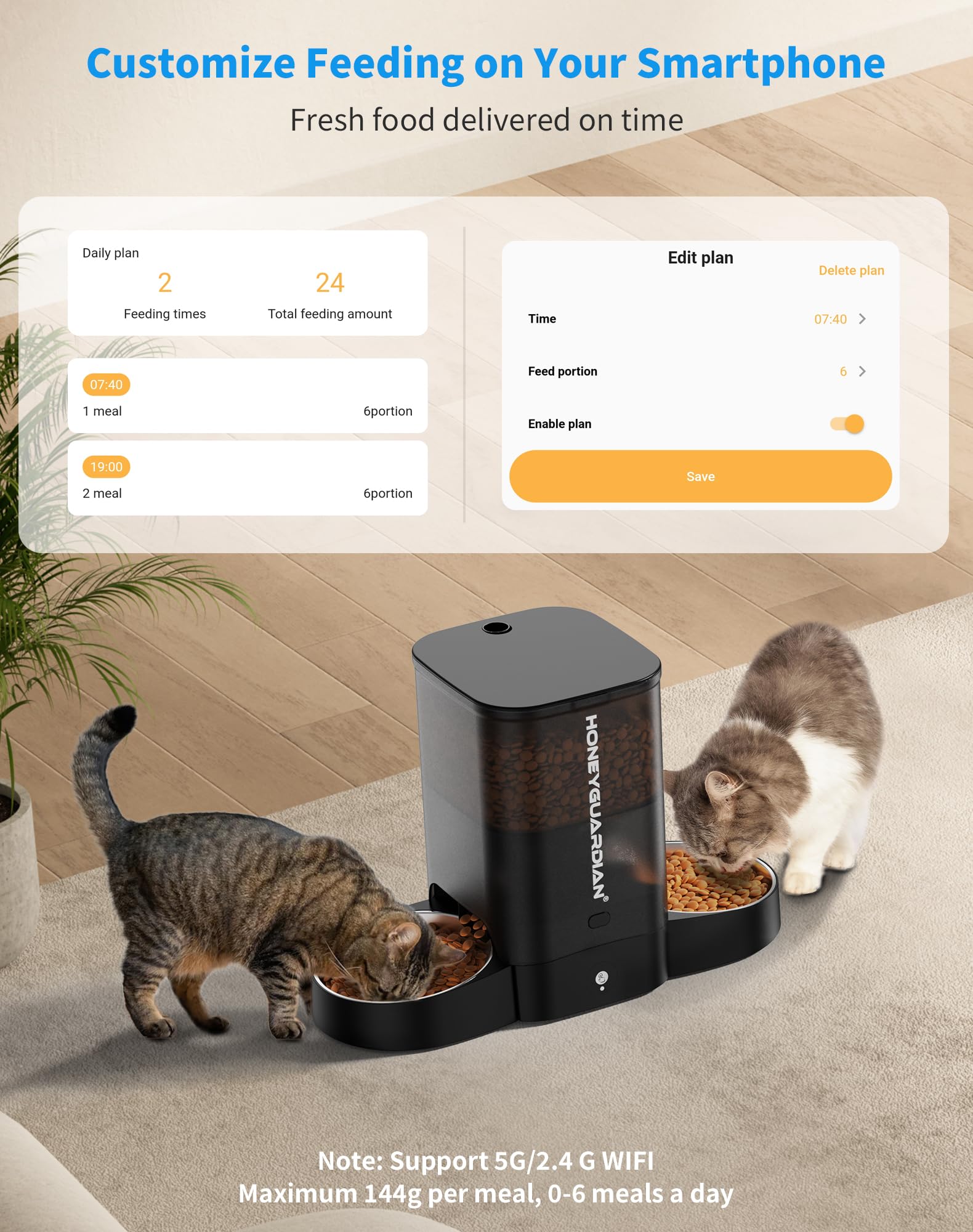 HoneyGuaridan 3.5L Distributore Automatico Cibo Gatti Adatto a Due Gatti, Dispenser Crocchette Gatto Con 2.4G/5G WiFi, Programmabile 6 Pasti al Giorno, Registrazione Vocale 10s, Doppia Alimentazione