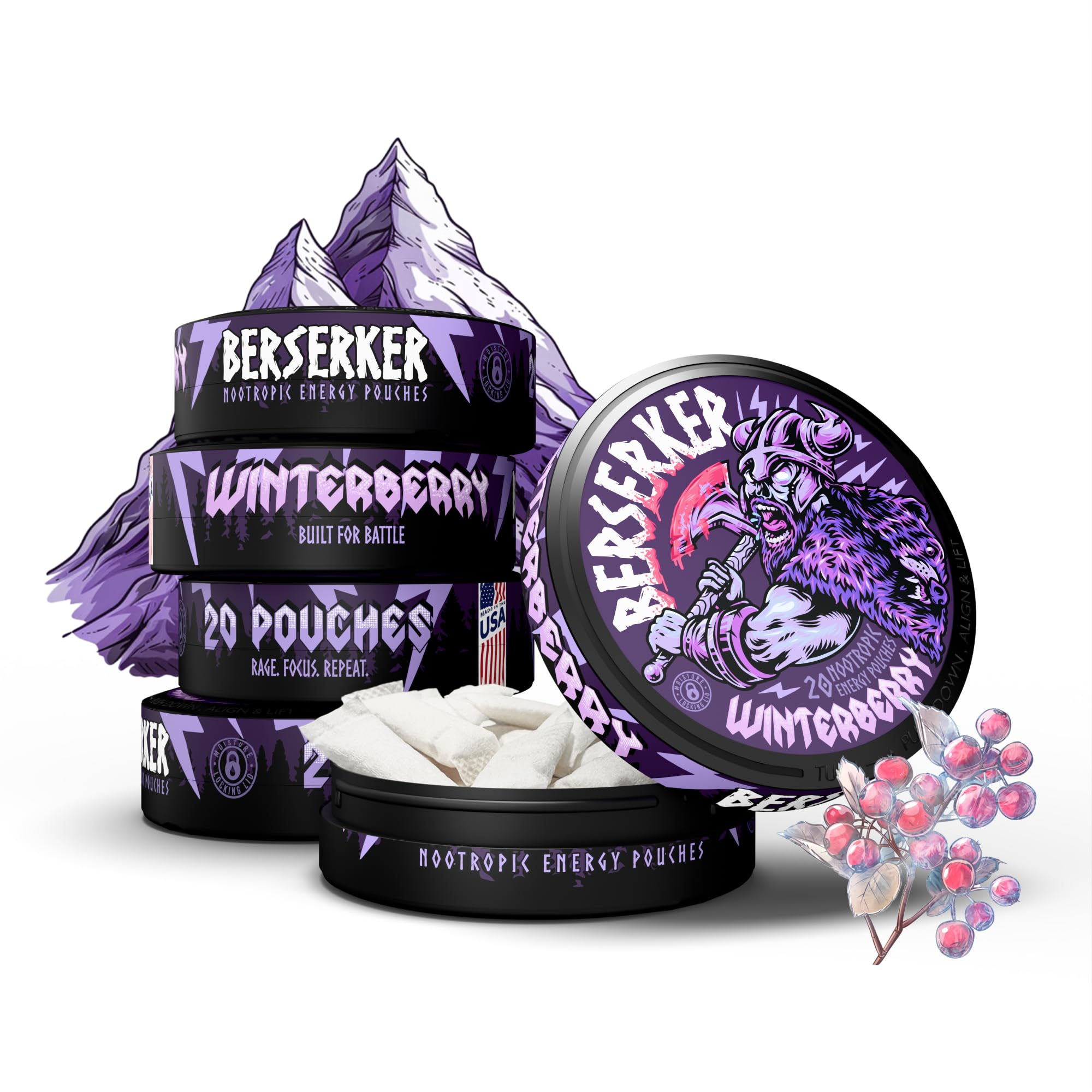 Berserker Focus Pouches - Winterberry - Caffeine Infused - 100mg Per Pouch - Nootropic Enhanced - 5 Pack - Tobacco & Nicotine Free - Energy Drink Replacement