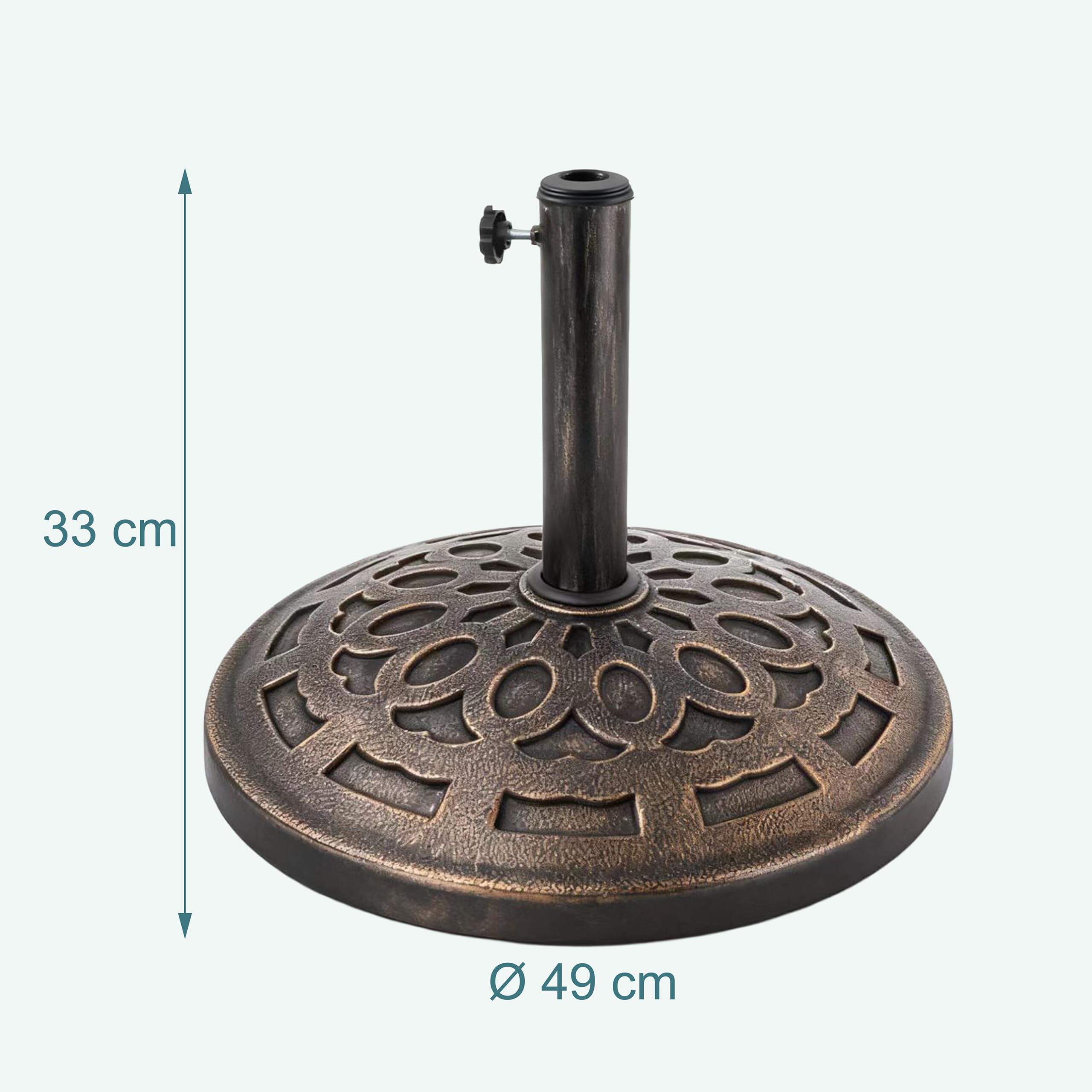 Relaxdays Base para sombrilla, Varillas 34–48 mm, Ø 49 cm, Vintage, Negro/Bronce