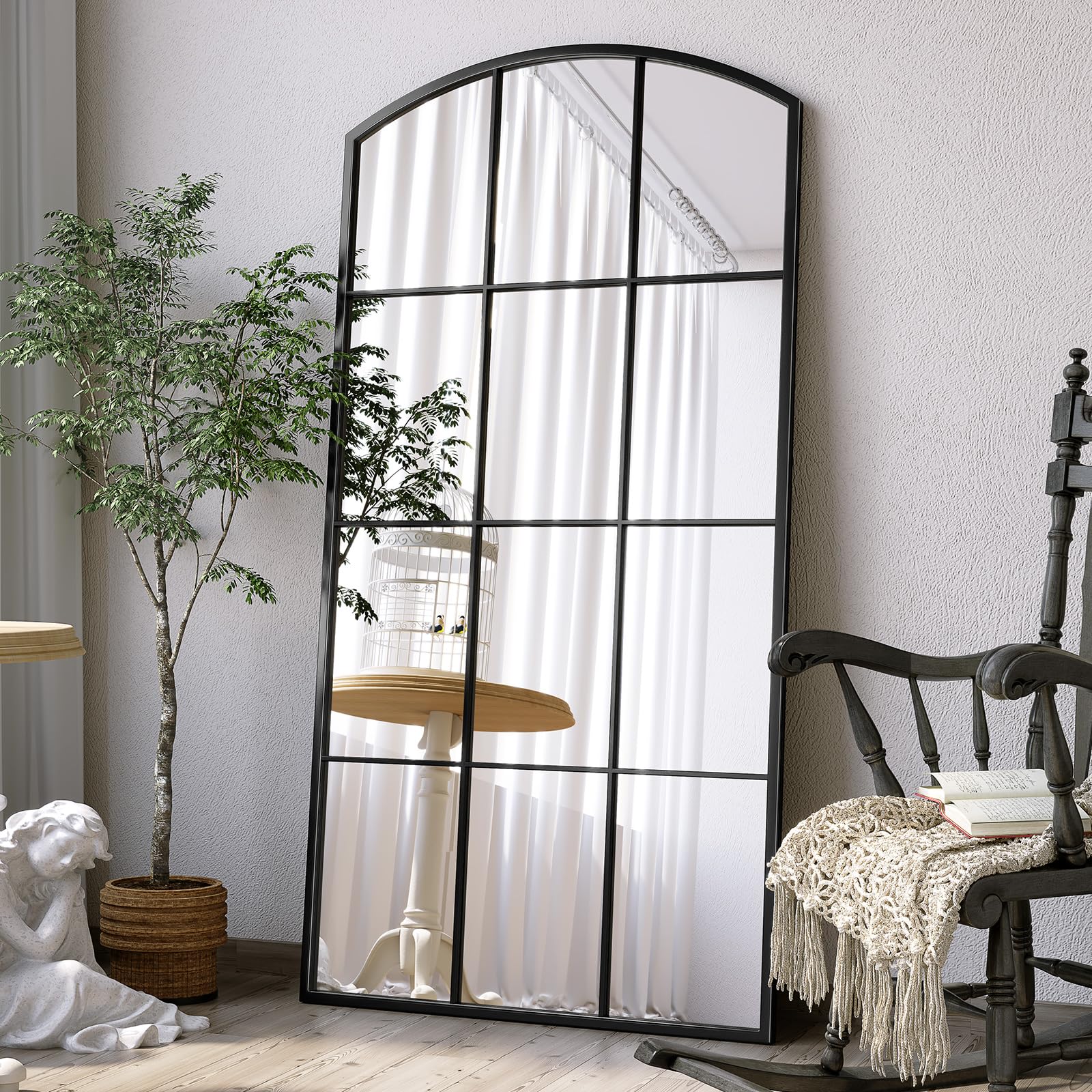 Brauthon Arched Window Mirror, 24" x 48" Black Window Mirrors for Wall, Tall Farmhouse Grid Mirror for Living Room Bedroom Dining Room Fireplace