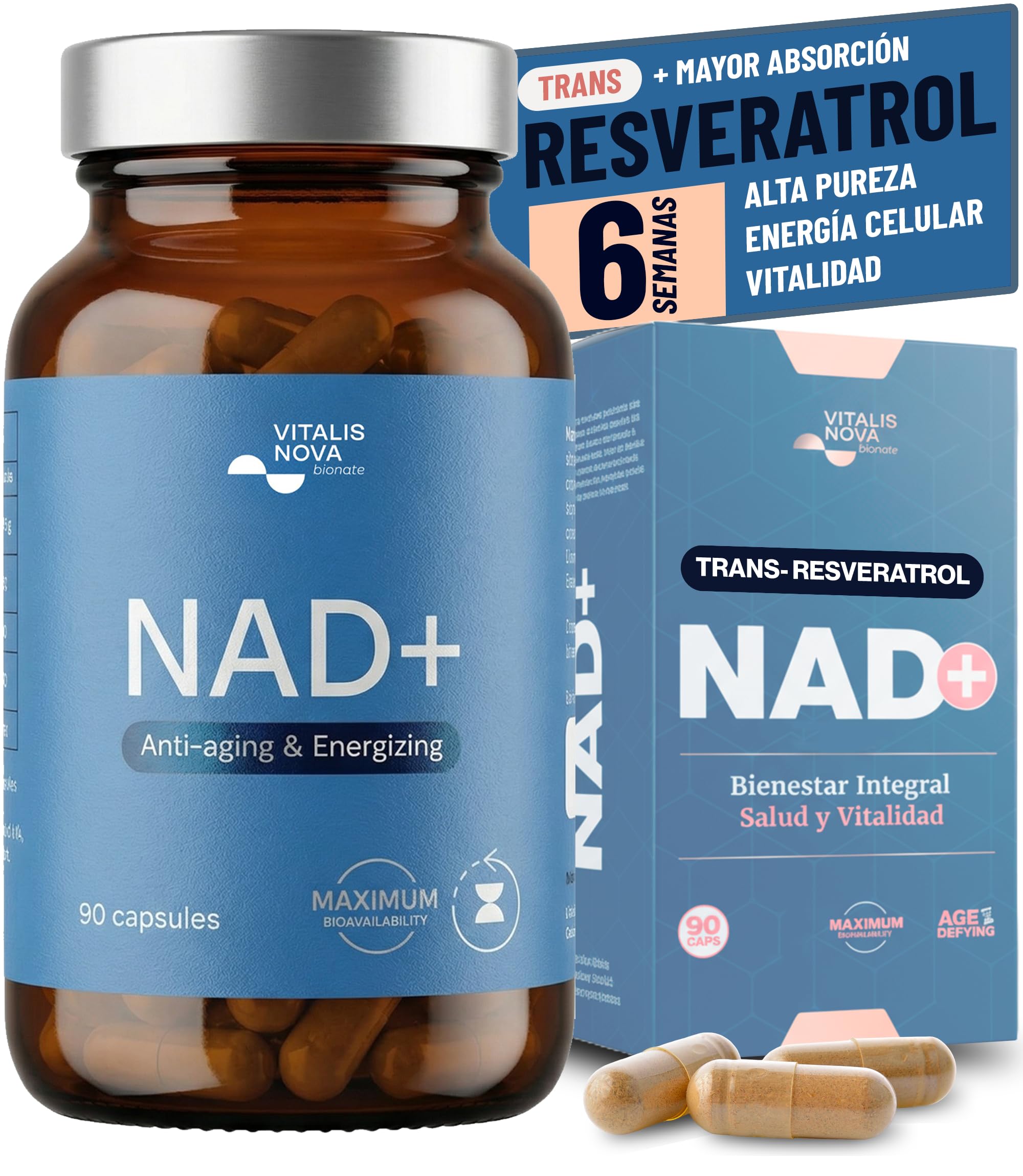 NAD+ Trans Resveratrol Alta Pureza con Nicotinamide Riboside 500mg Quercetina 250mg Apigenina 150mg Ácido Alfa Lipoico 150mg 90 Capsulas Energía Celular Longevidad Antioxidante Piel Anti Age Vitalidad