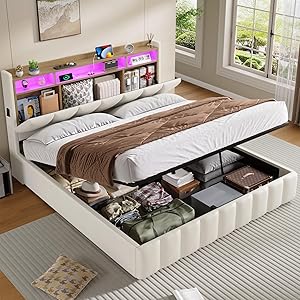 Cama con iluminación LED, Cama Hidráulica, Camas Tapizada,Cabecero con Espacio de Almacenaje (Blanco, 160 X 200) The Forest Stewardship Council