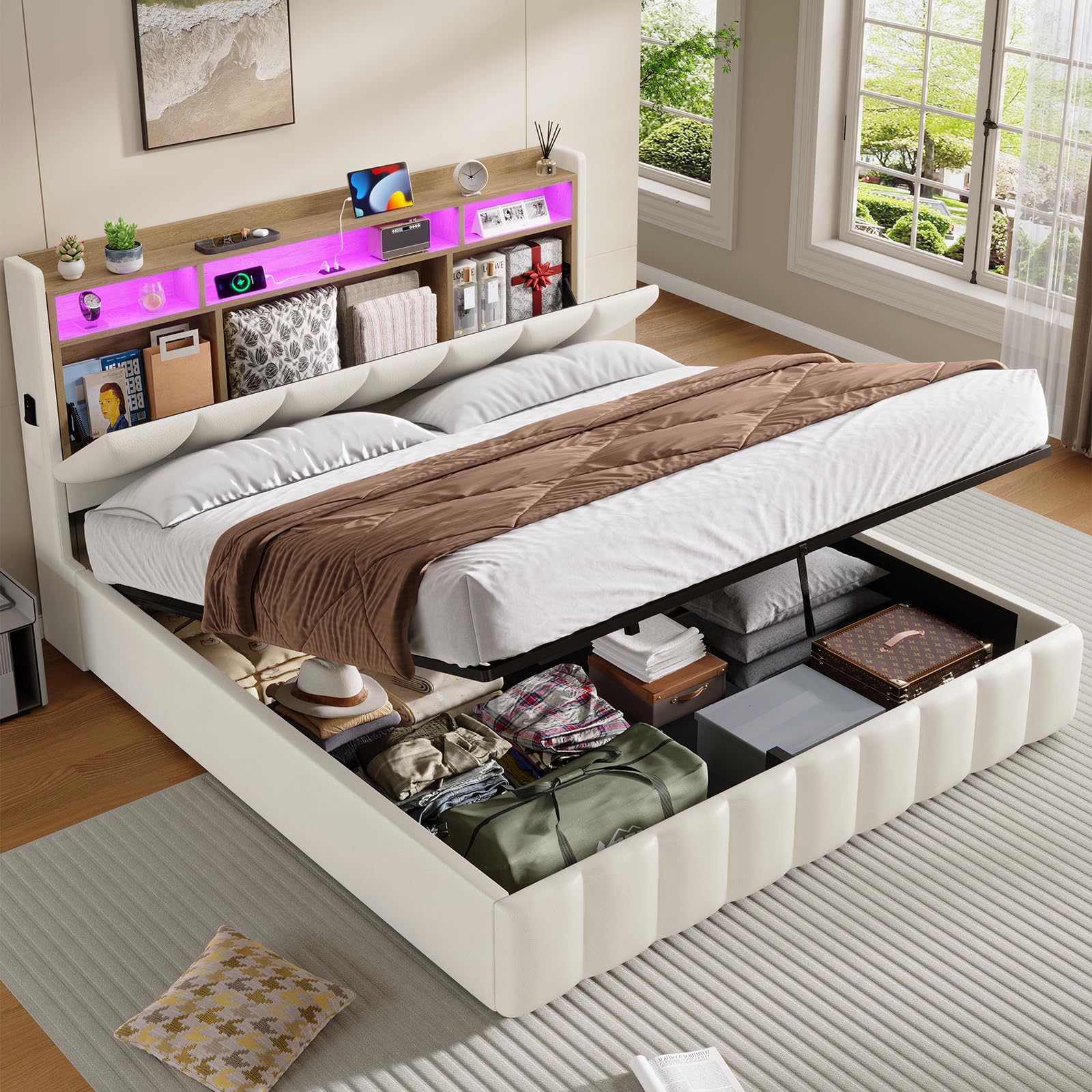 KIMENICH Lit Coffre 160 x 200 à LED, Lit Hydraulique avec Étagères Ouvertes et Rangement Caché en Tête de Lit Capitonné, lit 2 Personnes avec Lattes en Bois, Lits 160 x 200 avec Sommier en PU Blanc