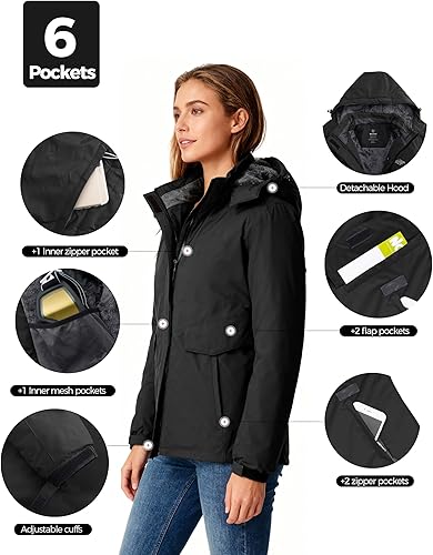 Miniatura 5 de Wantdo - Chaqueta de esquí impermeable para mujer, abrigo de invierno cálido y resistente al viento, abrigos de nieve