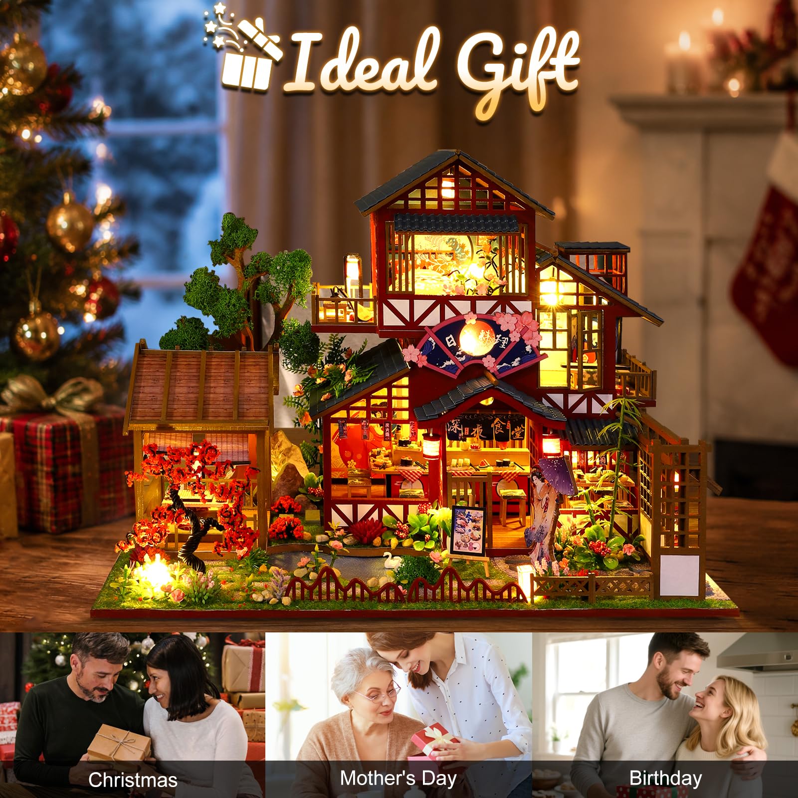 DIY Miniature Maison, Restaurant Japonais Puzzle 3D en Bois avec Lumière LED Musique, Kit de Maison de poupée pour Adultes, Maquette à Décoration pour Bibliothèque, Cadeau d'anniversaire