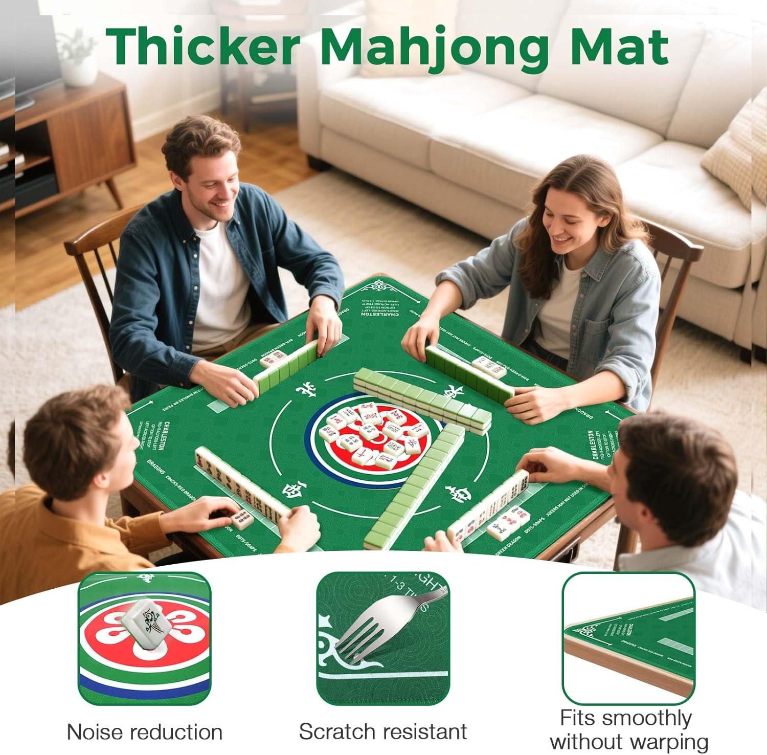 Dymmo Mahjong Mat 32.4x32.4 inch Waterproof Mahjong Table Cloth 3mm Thickened Non-Slip Noise Reduction Game Mat for Mahjong Board Games Domino Poker Card Games (Green B)