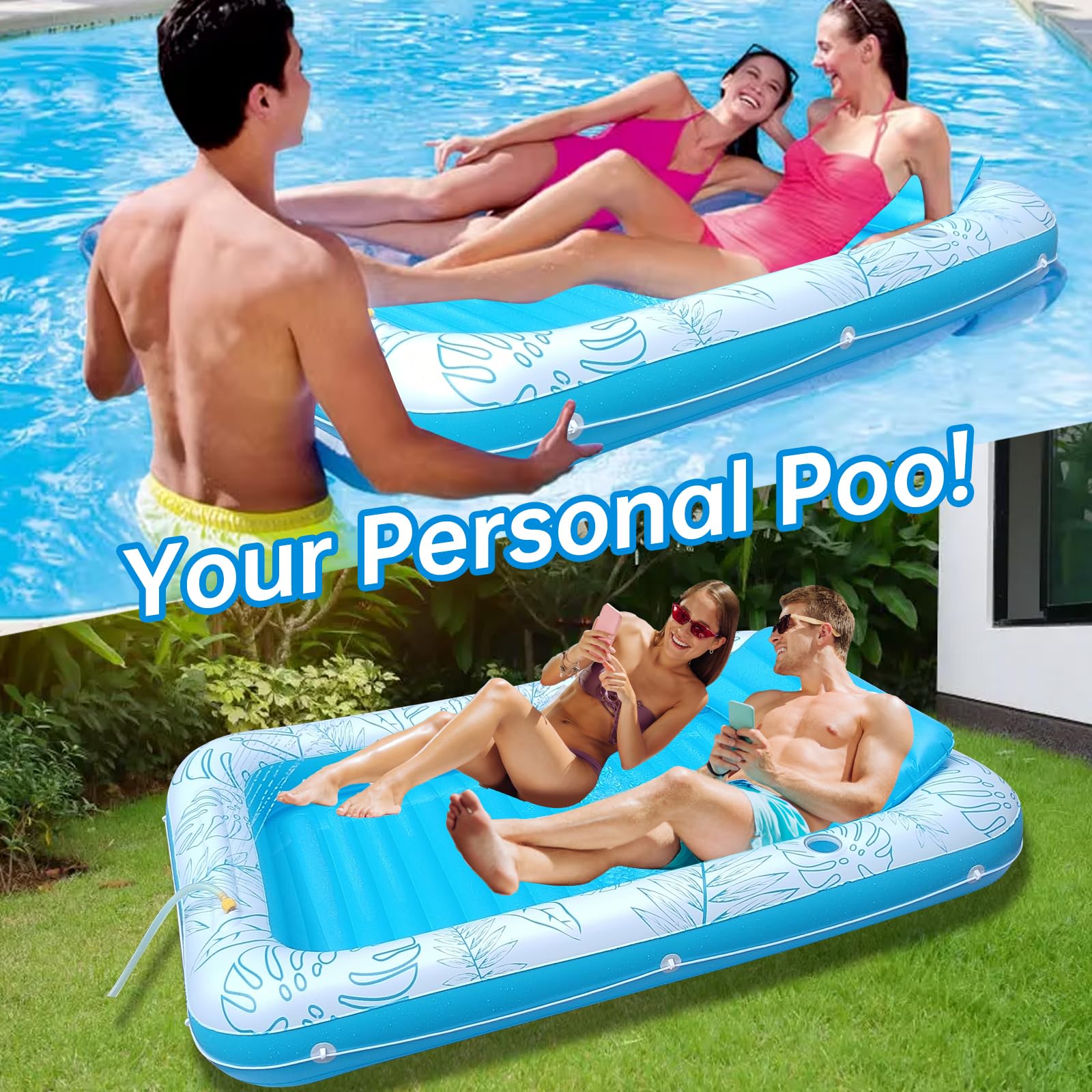 Flotador Inflable Extragrande de 85 x 57 Pulgadas para Piscina de Bronceado con aspersor y portavasos, balsa de Piscina para Adultos para Patio Trasero, Playa o Lago, Rosa/Azul, PVC Duradero, soporta