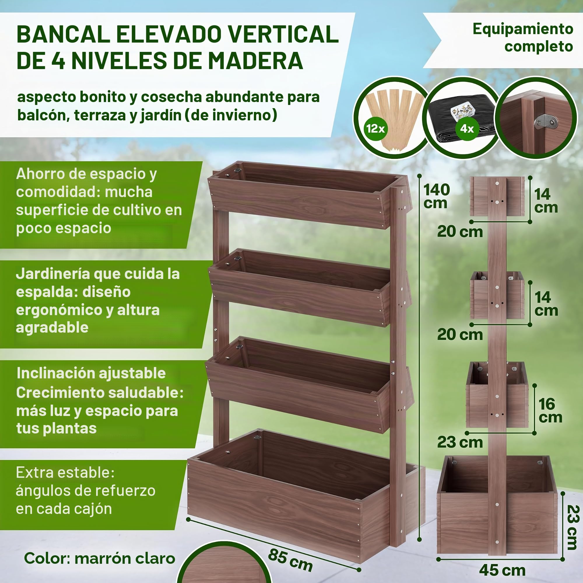 TTL GARDEN Jardinera vertical de 4 pisos de madera 140x85x45cm marrón - Jardinera vertical y maceta elevada para hierbas con 4 pisos y película - Madera de abeto resistente a la intemperie - Maceta
