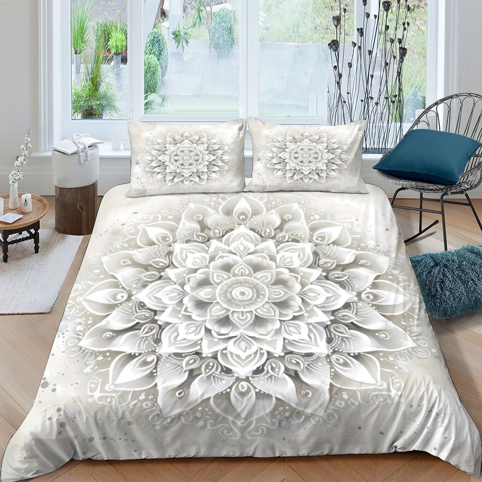Ctjqhvkz Style-2 3D Printed White Lotus Mandala Fitted Sheet Microfiber Soft Anti-Slip Boho Floral Mattress Cover For Bedroom Guest Room Decor Single（135X200cm）