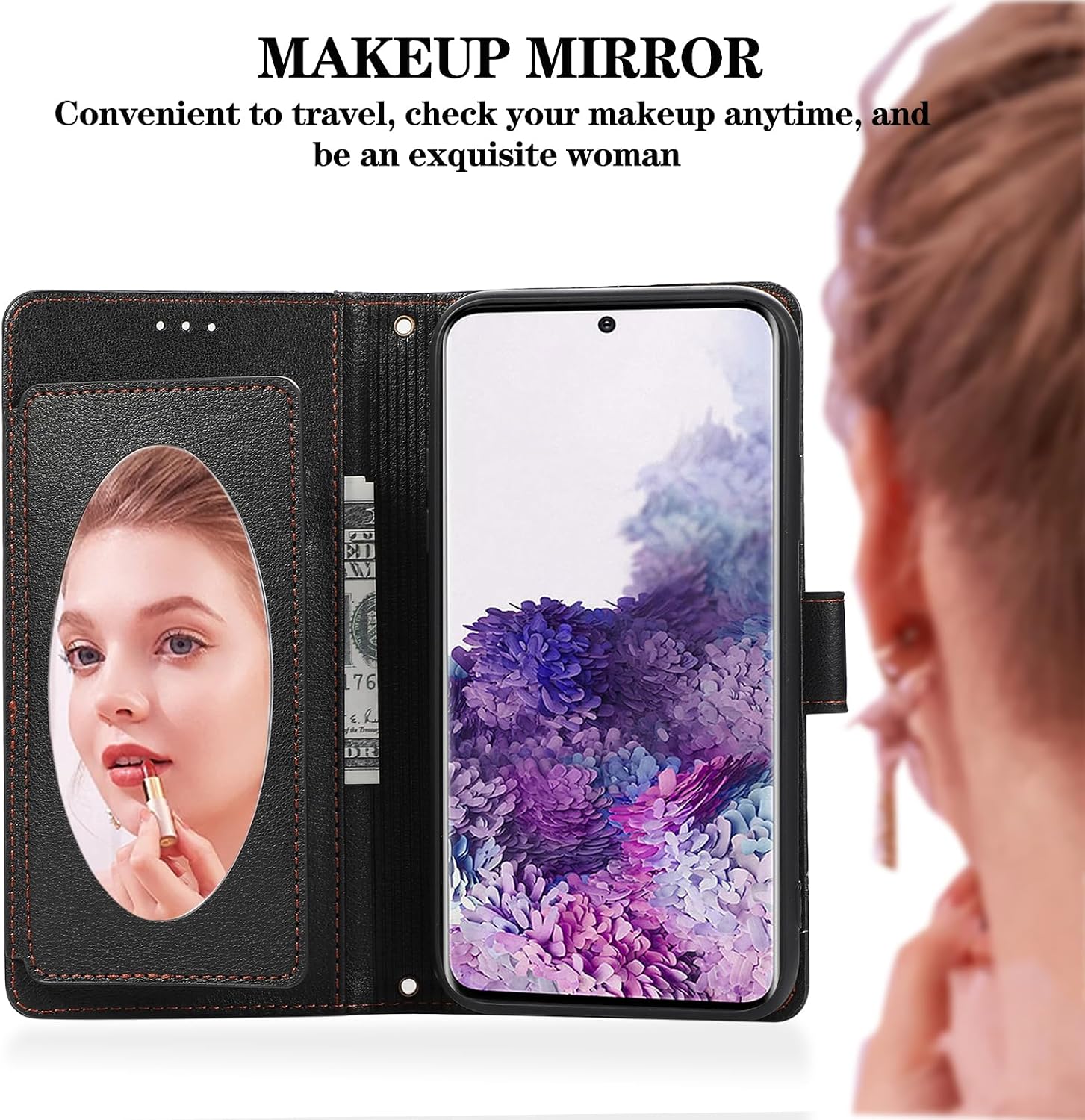Compatible with Samsung Galaxy S20 5G 6.2 inch Wallet Case Wrist Strap, Crossbody Strap, Mirror Leather Flip Credit Card Holder Stand Cell Phone Cover for S 20 20S UW S2O G5 Women Men Black