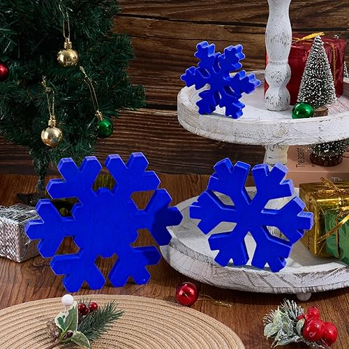 3 piezas de decoración de copo de nieve de madera flocada de terciopelo, letrero de mesa de copo de nieve azul de Navidad para centro de mesa de