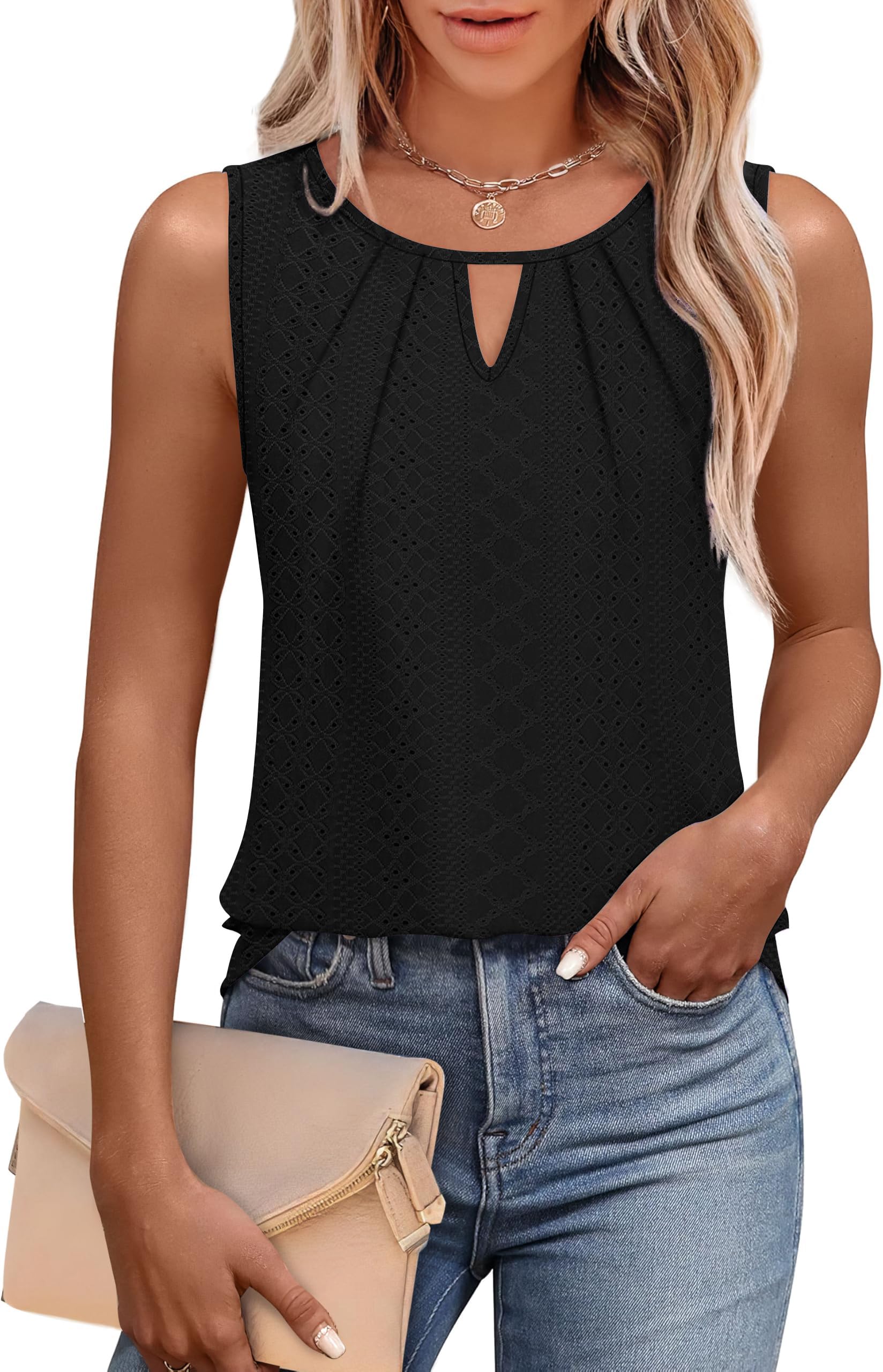 isermeo Womens Tank Tops Casual Sleeveless Eyelet Pleated Shirts Keyhole Scoop Neck Summer Tops Outfits