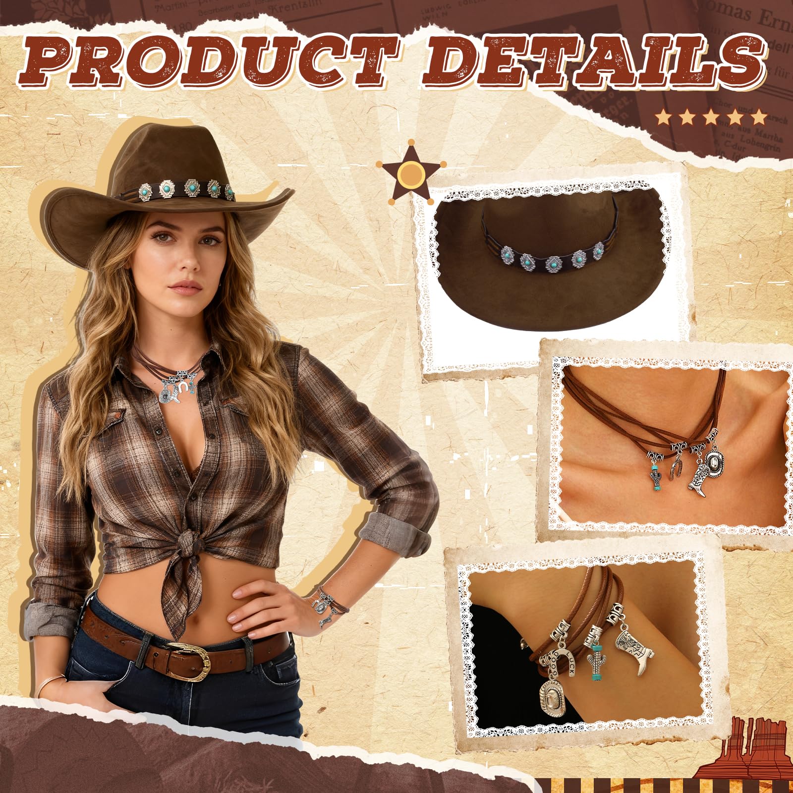 Kyndara 4Pcs Cowboy Hat Accessories for Women Western Cowgirl Costume Set including Wide Brim Hat Detachable Hat Band Bracelet Necklace for Adult Carnival Masquerade Western Theme Parties Cosplay - Image 3
