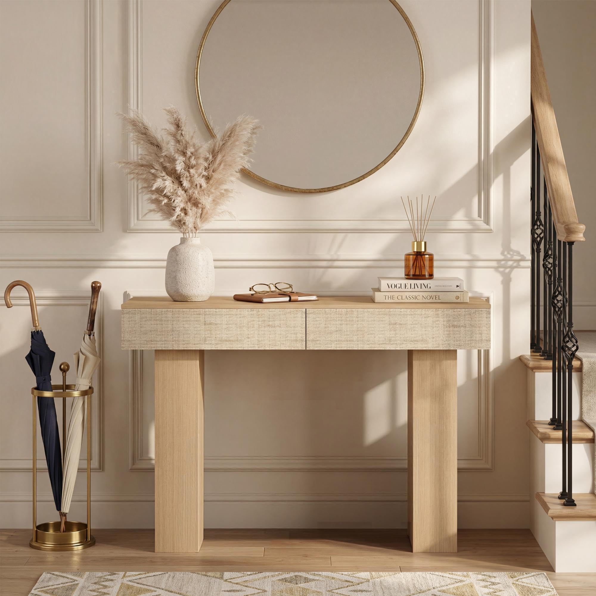 Consolle con 2 Cassetti in Rattan, 114 cm Tavolo Divano Moderno con Ripiano, Struttura in Legno Ingenierizzato per Ingresso, Soggiorno e Corridoio