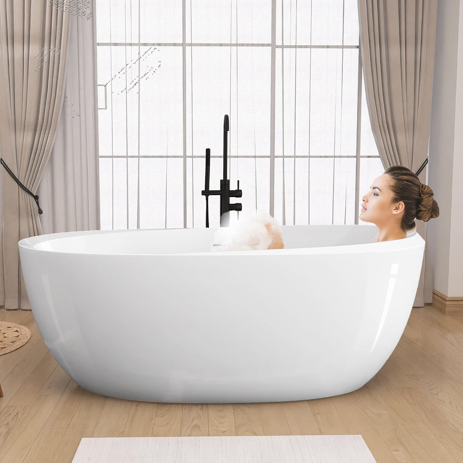 GETPRO Free Standing Tub 59" Acrylic Freestanding bathtub Glossy White