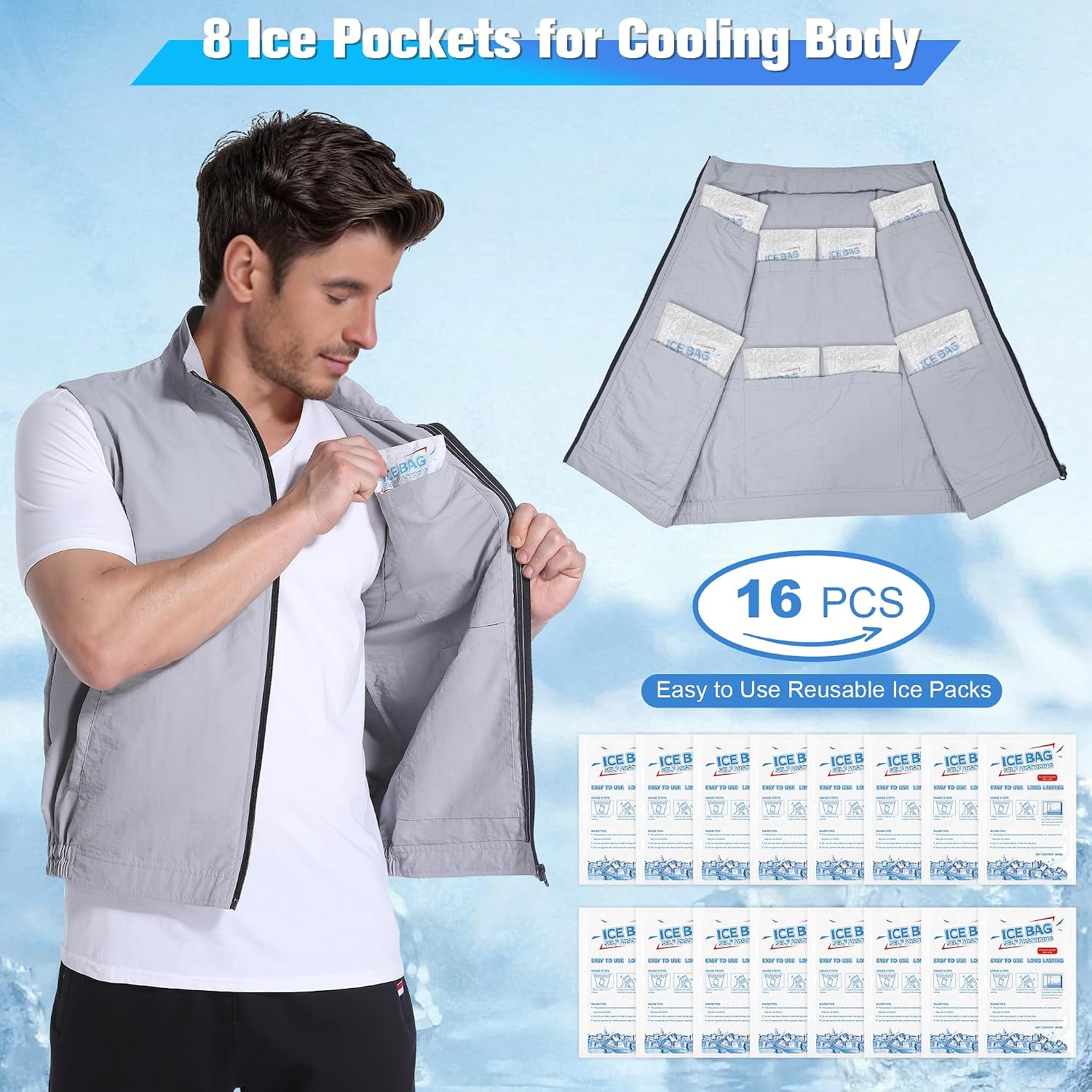 Cooling Vest for Men & Women Ice Vest with 16 Auto-Absorbing Ice Packs Lightweight Cold Vest for Hot Weather Outdoor