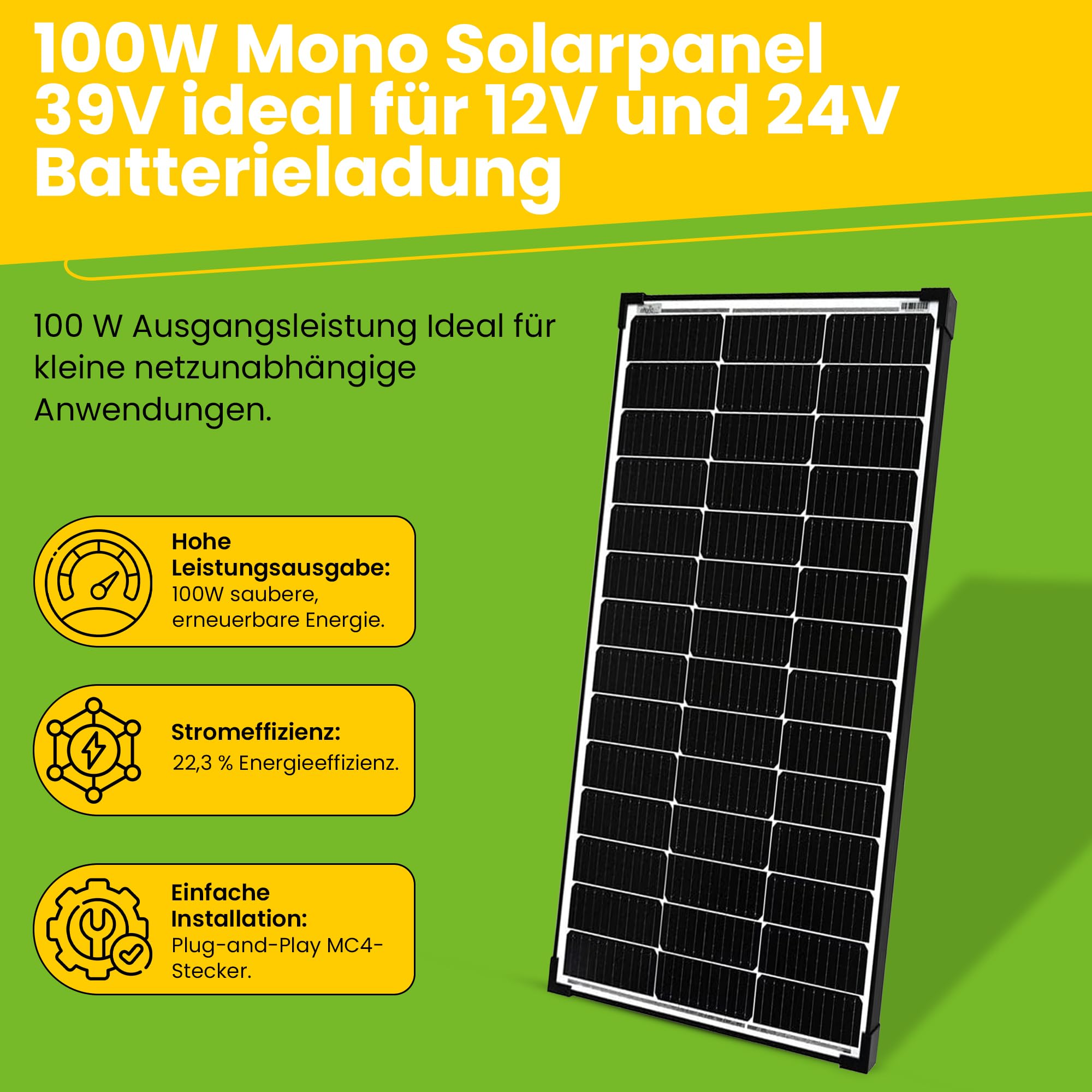 Offgridtec - Modulo solare monocristallino, 100 W, 36 V, ideale per batterie da 12 V e 24 V