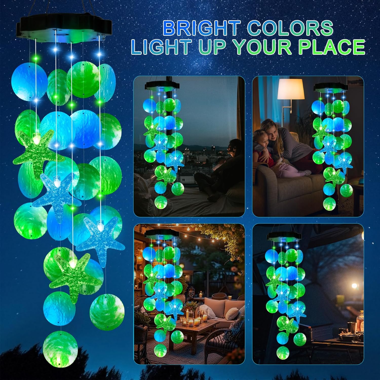 Solar Starfish Wind Chimes for Outside Mobile Shells Wind Chimes Hanging Decorative Lights for Holiday Garden Porch Yard Window Party Outdoor Decor, Gift for Mom Grandma Wife Girlfriend Neighbors - Image 6