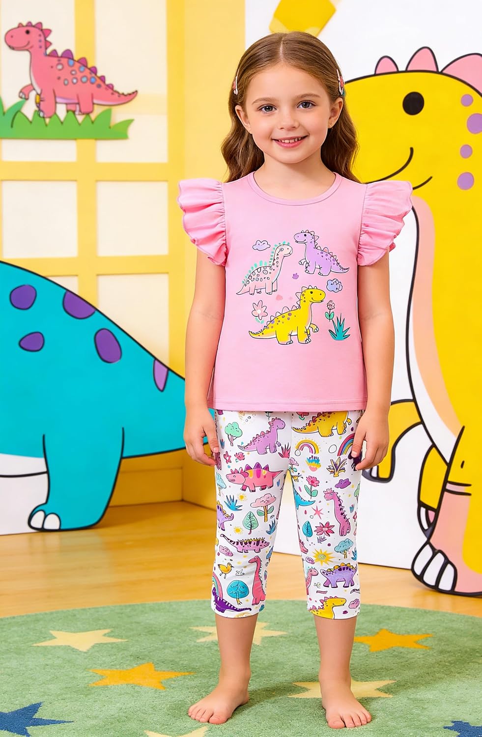 Popshion Little Girls 2 Piece Summer Outfits Flutter Sleeve T-Shirt and Cropped Capri Leggings Kids Clothes Short Sets 2-8t image 3