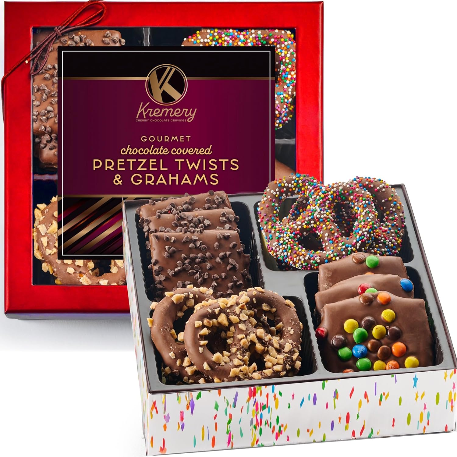 KREMERY Creamy Chocolate Cravings - Easter Chocolate Covered Pretzel Twists Gift Basket with Candied Toppings (12 Pretzels) Sweet Treats in Brown Gift Box Kosher