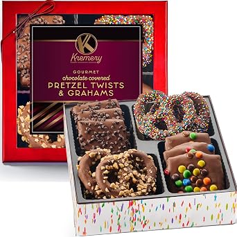 KREMERY Creamy Chocolate Cravings - Fathers Day Treats, Chocolate Covered Pretzel Twists & Grahams Cookies Gift Basket with Candied Toppings 12 Count in Confetti Gift Box Kosher Sweet Treats