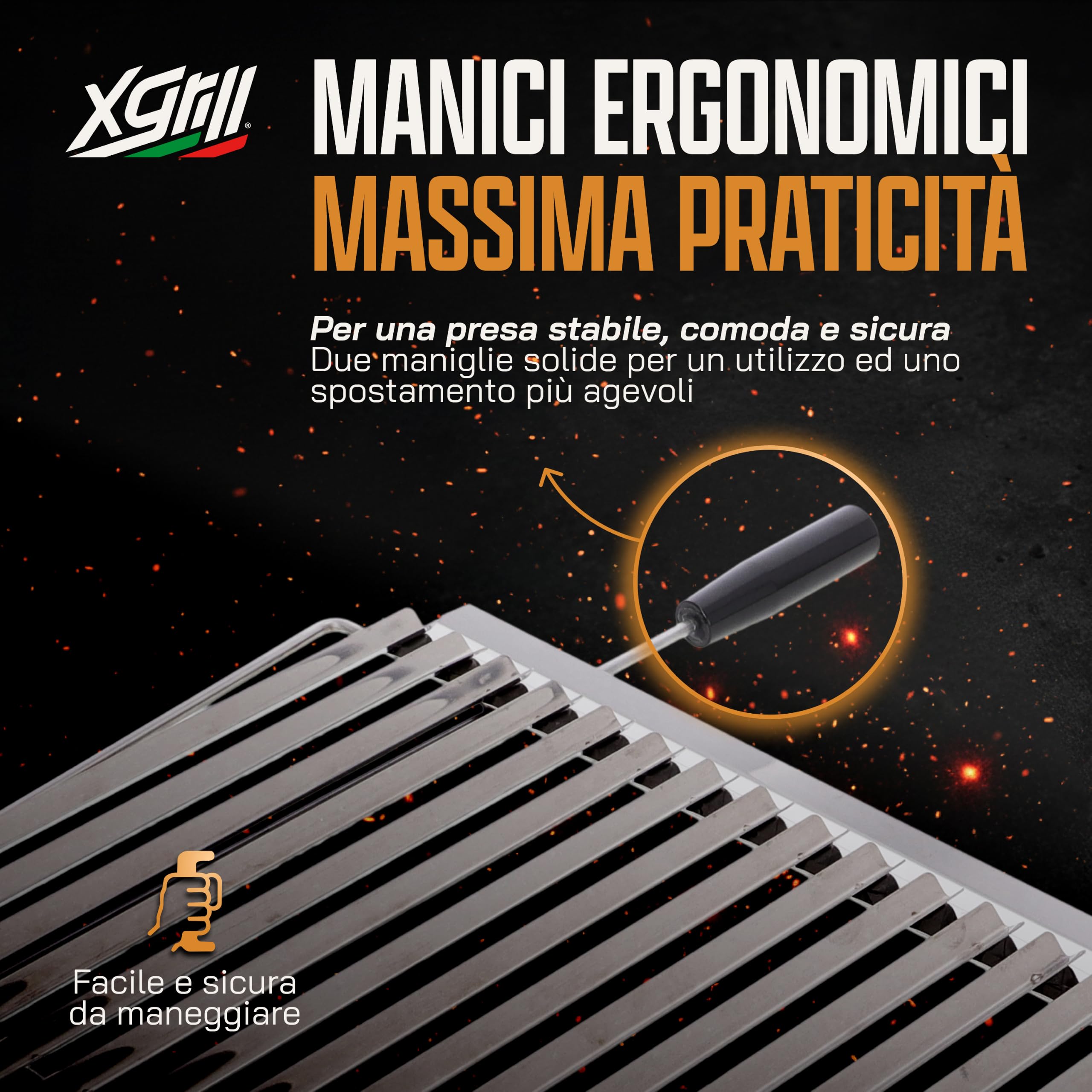 XGRILL | Griglia Barbecue 76x38 cm in Acciaio Inox con Manici Ergonomici | Griglia BBQ Professionale con Sistema Raccolta Grassi | Made in Italy