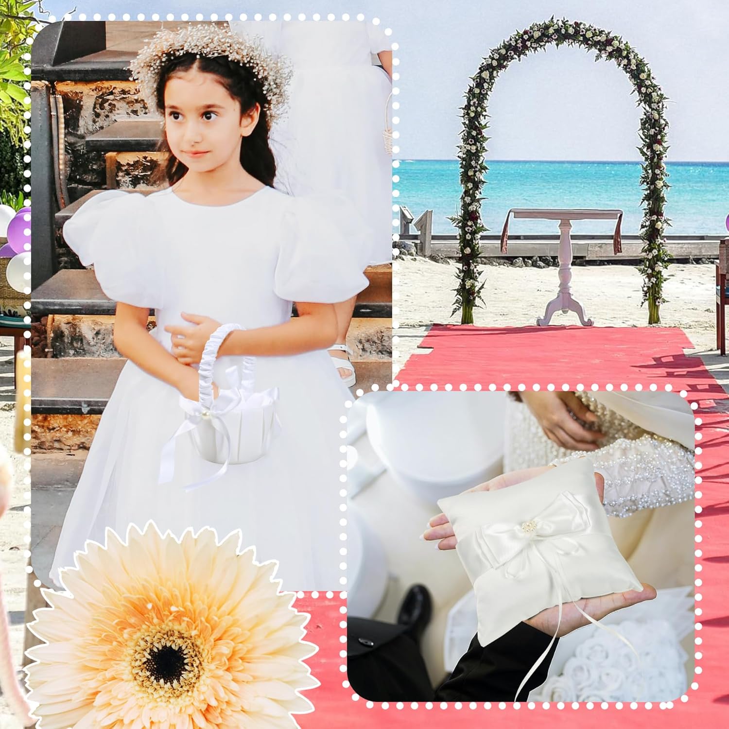 Ring Bearer Pillow - Flower Girl Basket, Wedding Flower Girl Basket and Ring Bearer Pillow Set, 500 Artificial White Ivory Rrose Petals, Fairy Flower Headband, Wedding Ring Pillow for Ceremony