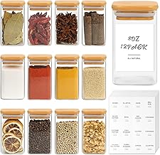 12Pcs Glass Spice Jars with Bamboo Lids,8oz Airtight Glass Jars Set with 110 White Minimalist Labels, Square Clear Seasoning Storage Containers, Spice Bottles for Kitchen Herbs Beans Salt