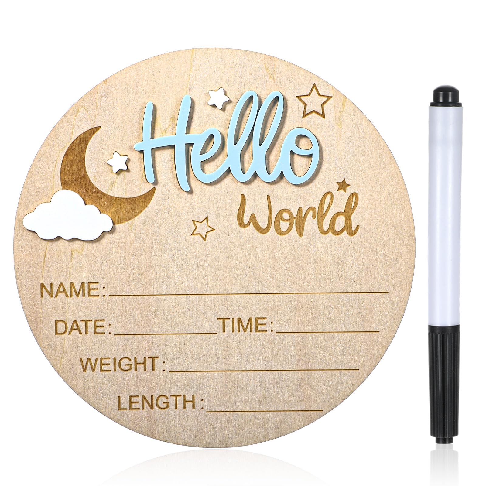 Personalised Newborn Baby Announcement Sign, Wooden 6 Inch Hello World Newborn Sign, 3D Moon Style Birth Details Board for Hospital & Nursery, New Baby Gift for Boys & Girls, Keepsake Decor(Blue)