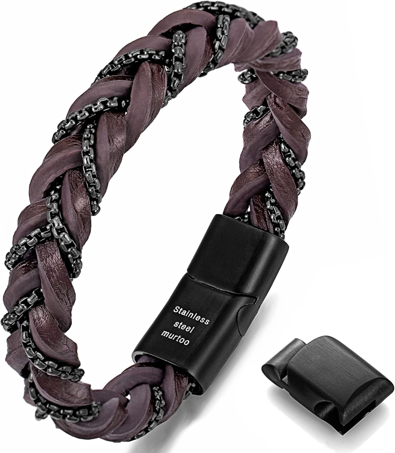 murtoo “Shackles of Freedom” Bracelets for Men, Mens Braided Leather Bracelets with Steel Chains and Magnetic Clasp, Stylish Gift for Men