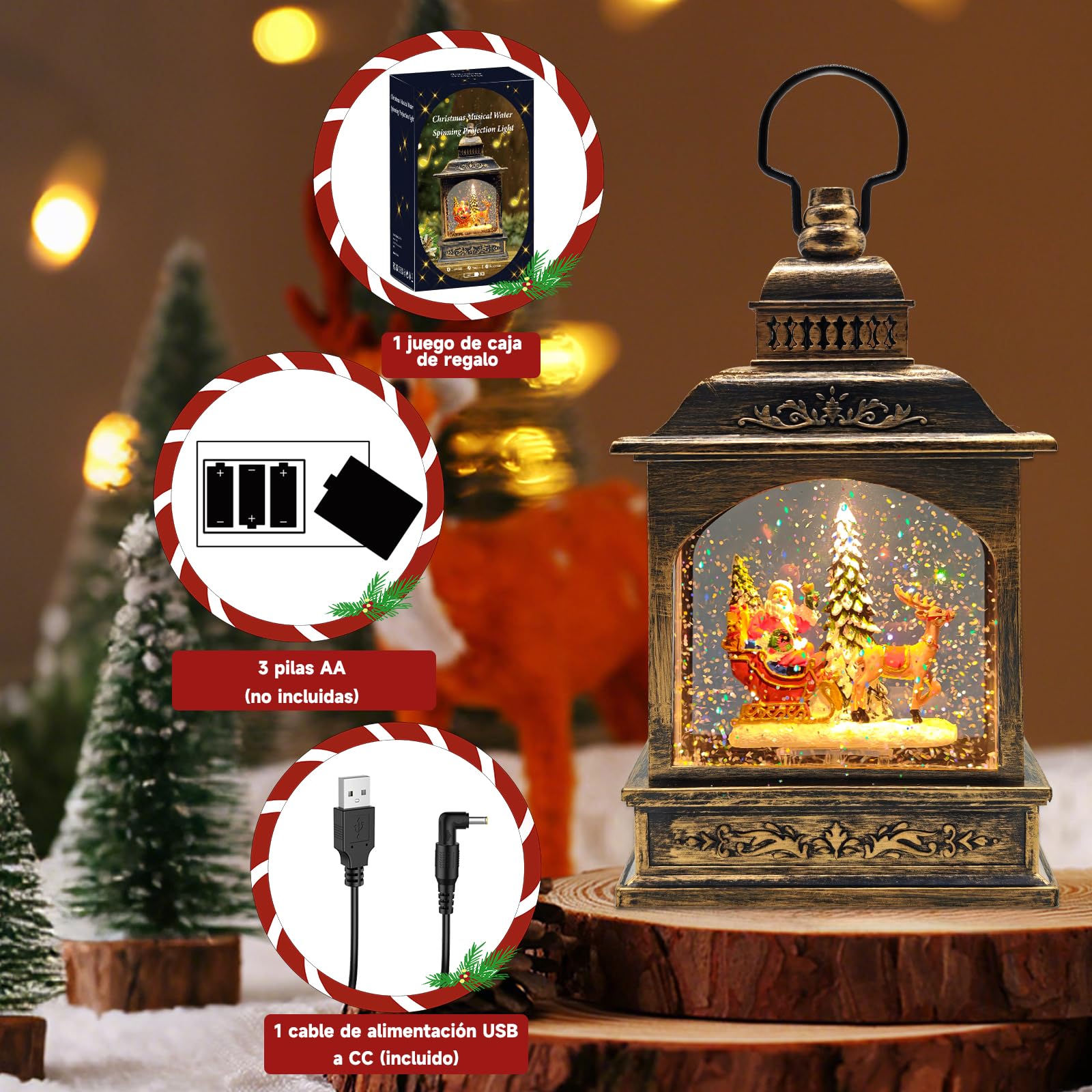 YYKY Bolas de nieve de navidad,Linterna de agua iluminada con música,alimentada por USB y baterías,decoración de Navidad,Linterna de Nieve de Agua de la Natividad para la decoración de Navidad