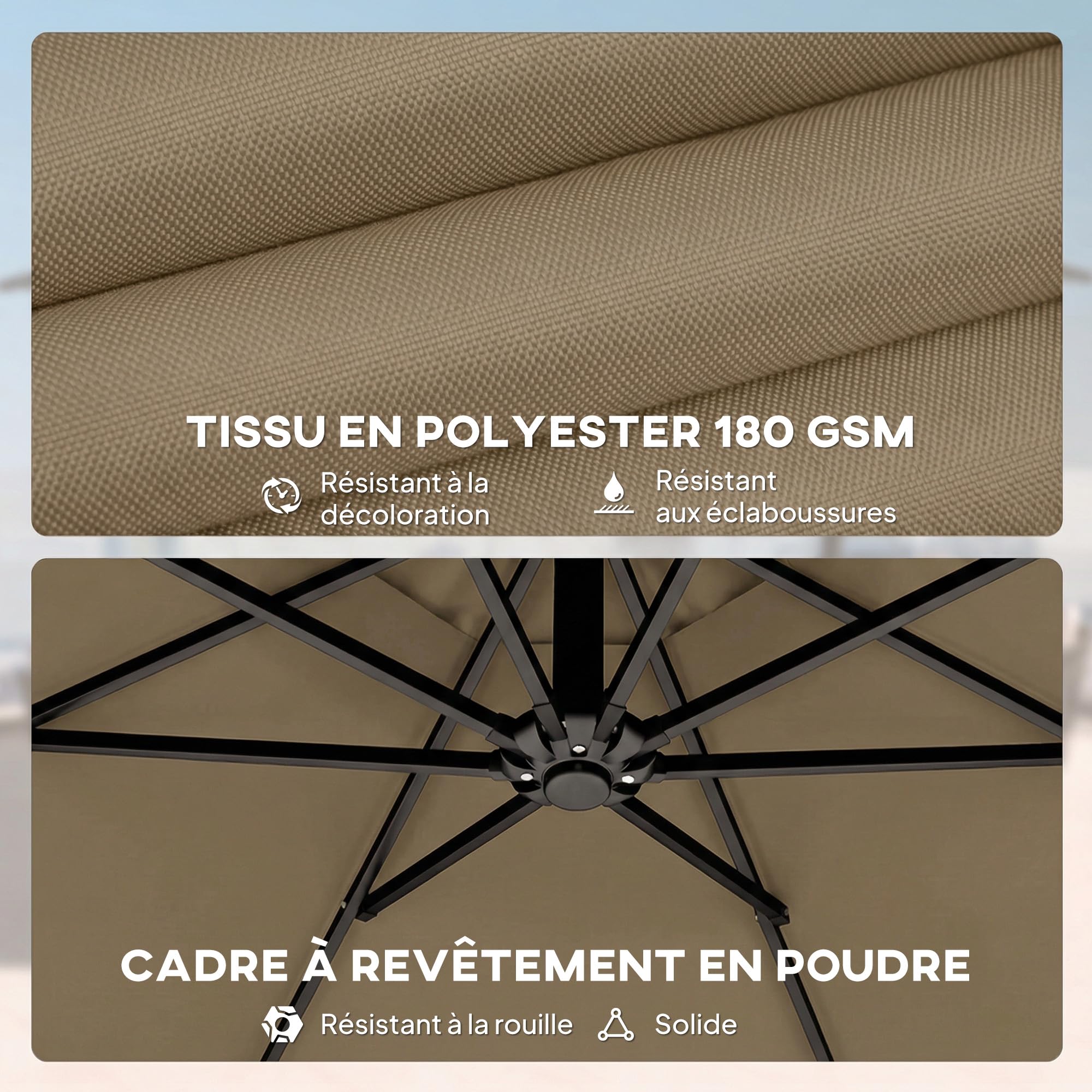 Outsunny Parasol Déporté Rond 3 m Inclinable, Housse de Protection, Kaki