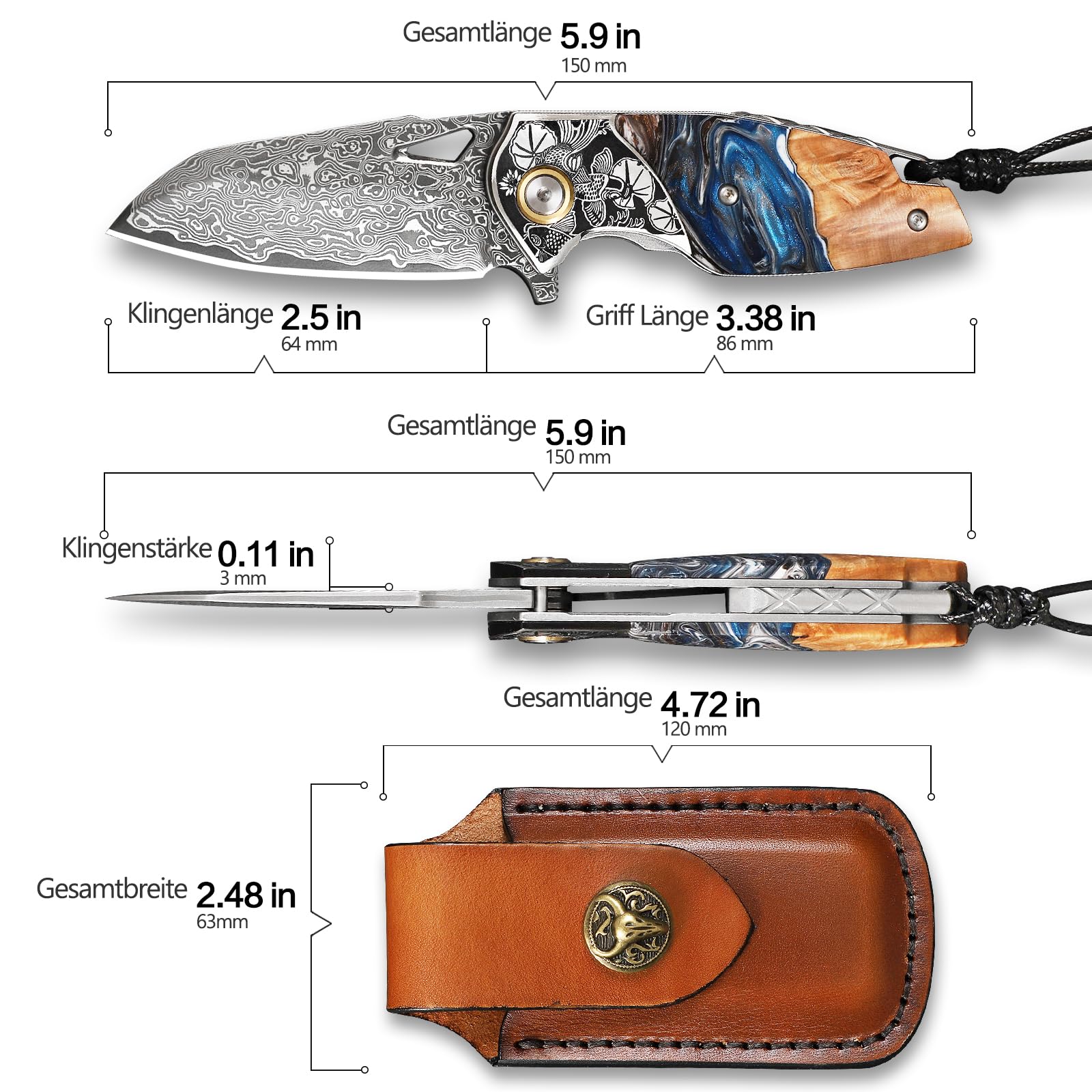 Taschenmesser aus Damaszenerstahl，Klappmesser für Männer und Frauen，Mit Lederscheide，Griff aus Harz und Ahornholz，Geeignet für Outdoor-Camping, Wandern und Angeln EDC-Messer