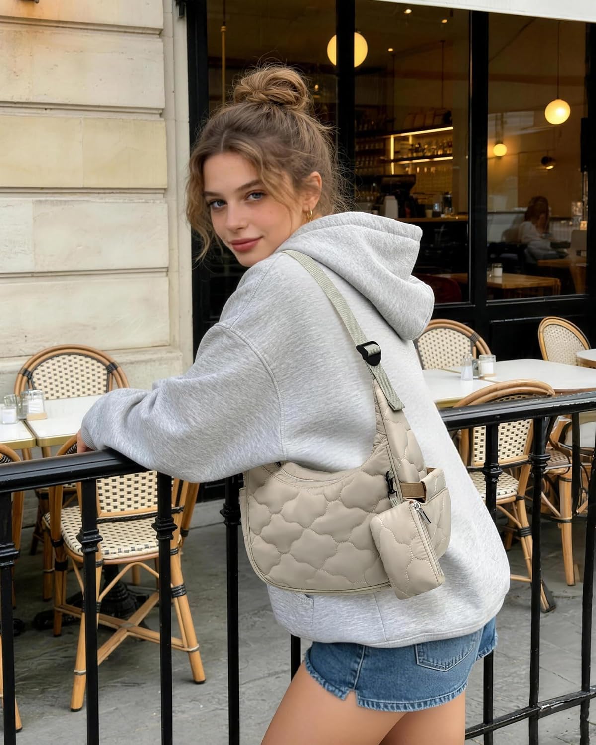 Small Puffer Crescent Shoulder Bag for Women Cute Clouds Quilted Puffy Nylon Purse ... - Image 2