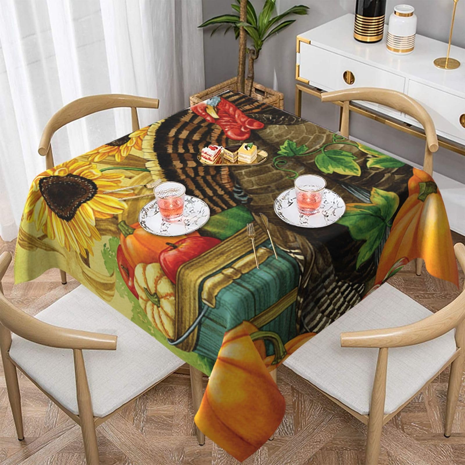 DCEHGEW Thanksgiving Turkey Pumpkin Prints Square Tablecloth 152x152 CM, Waterproof Fabric Table Cloth for Dining Table, Farmhouse Table Cover for Kitchen Dining Tabletop Decoration
